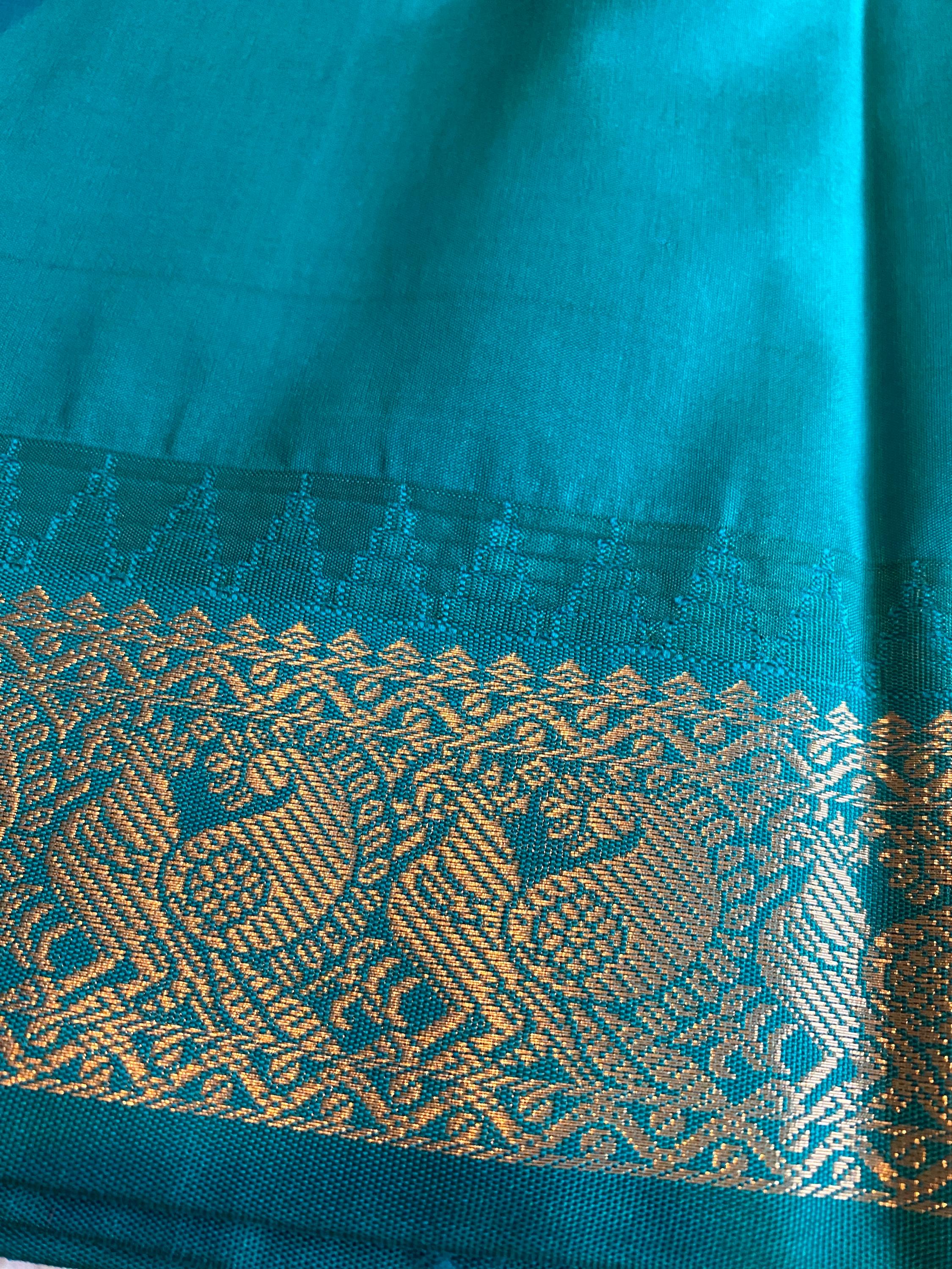 Pinkish-Red Semi Kanchipuram Silk Saree with Green Pallu