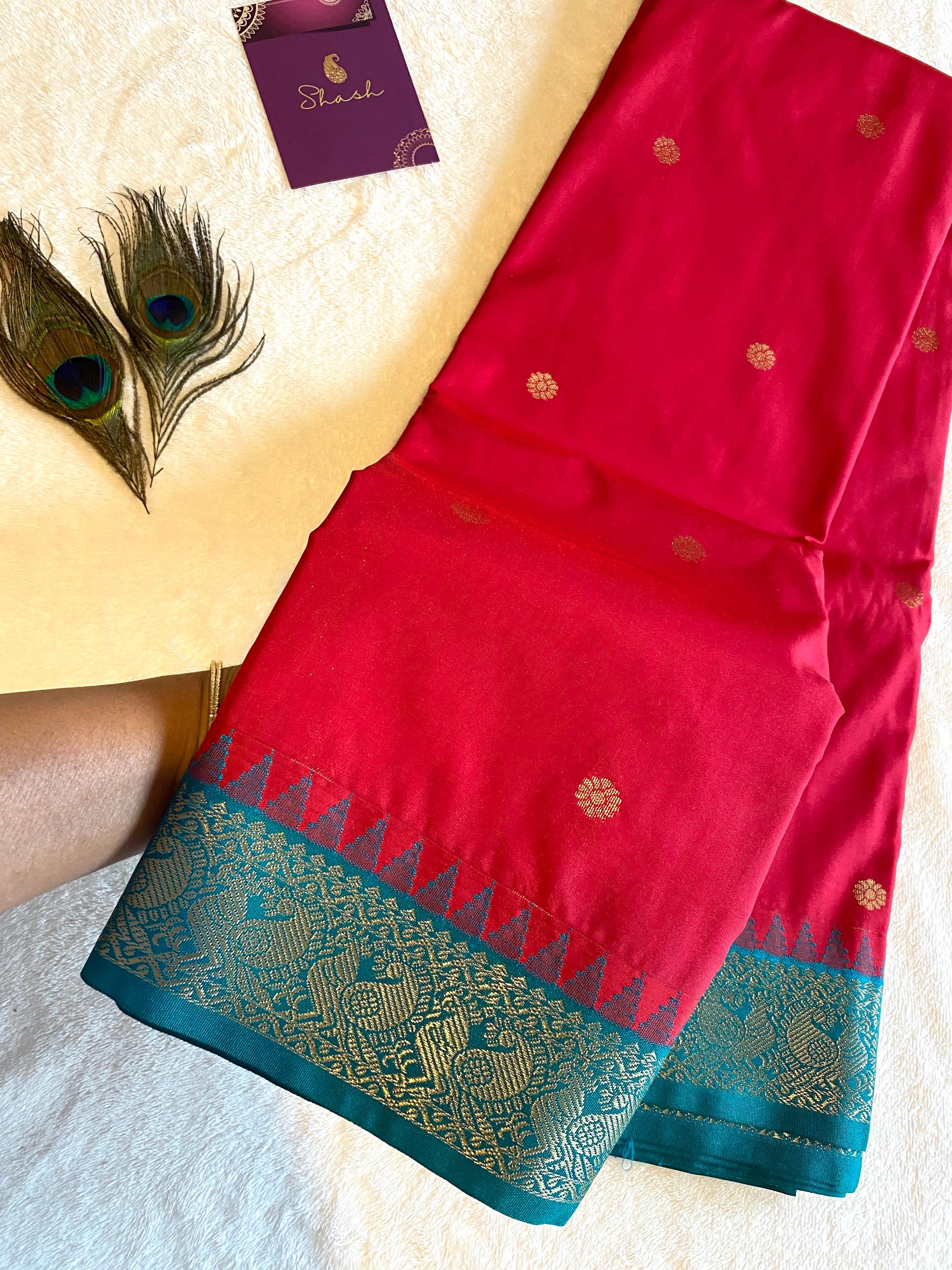 Pinkish-Red Semi Kanchipuram Silk Saree with Green Pallu