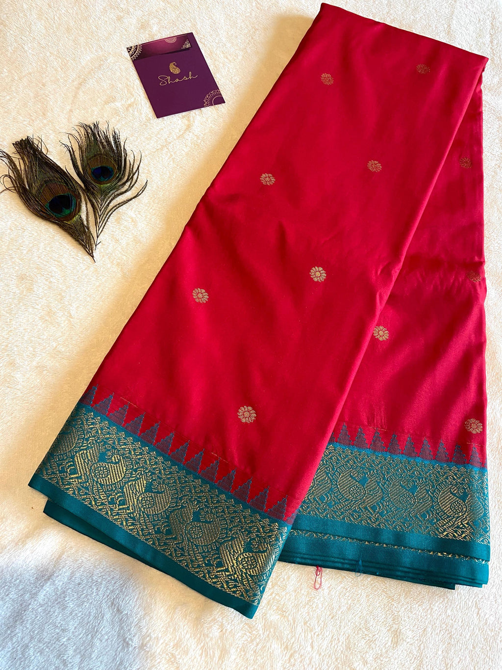 Pinkish-Red Semi Kanchipuram Silk Saree with Green Pallu