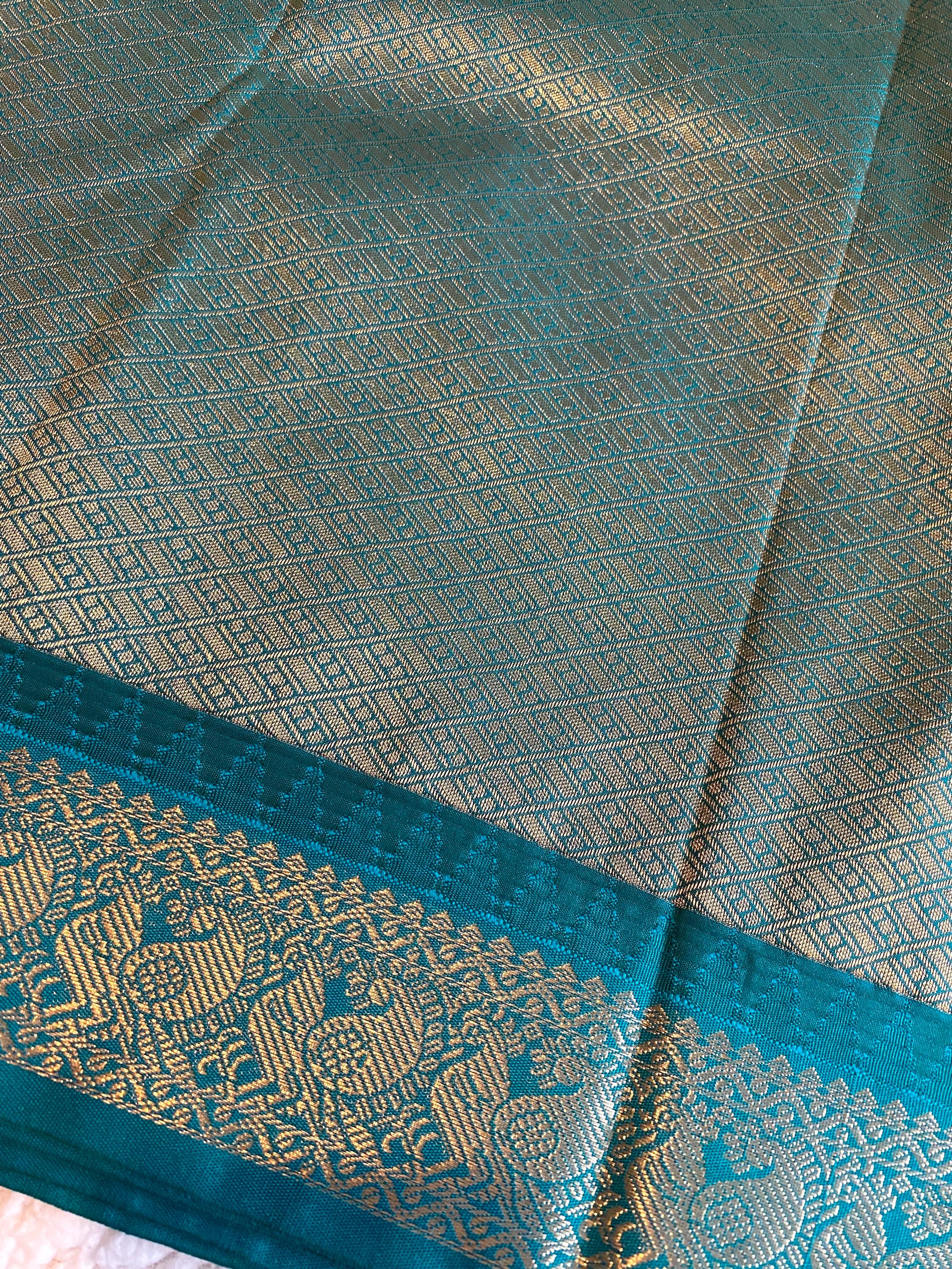 Pinkish-Red Semi Kanchipuram Silk Saree with Green Pallu