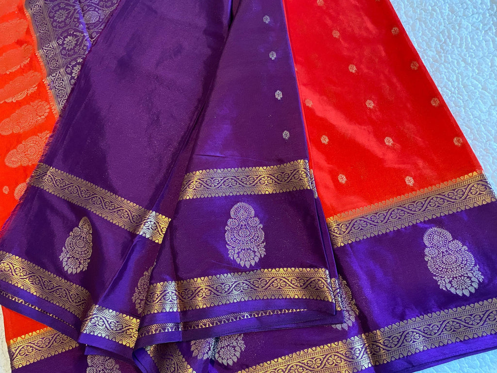 Orange & Purple Semi Mysore Crepe Saree