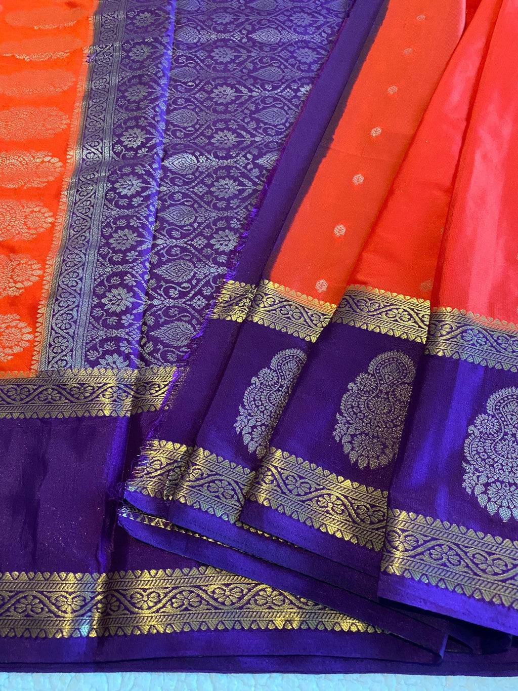 Orange & Purple Semi Mysore Crepe Saree