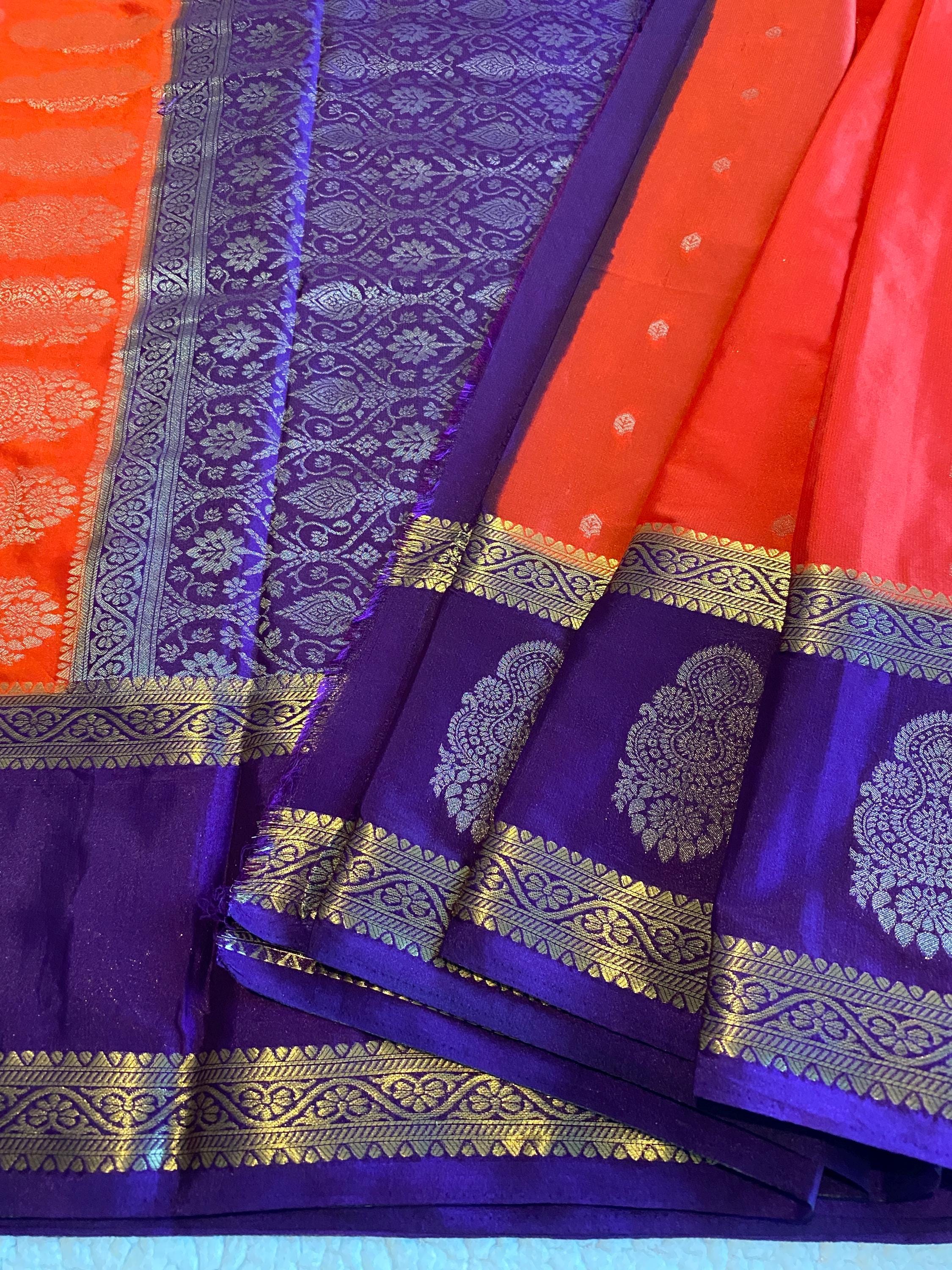 Orange & Purple Semi Mysore Crepe Saree