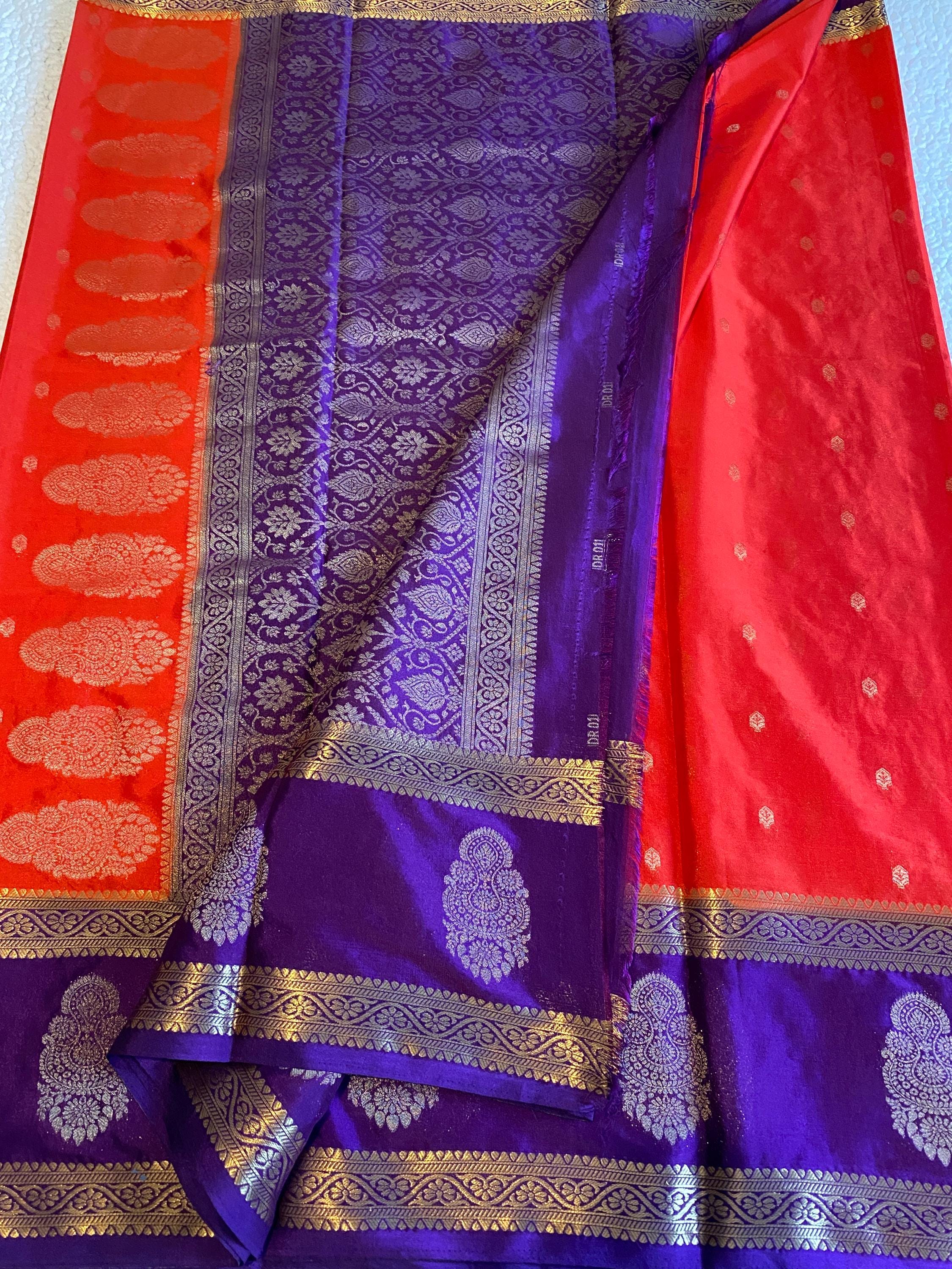 Orange & Purple Semi Mysore Crepe Saree