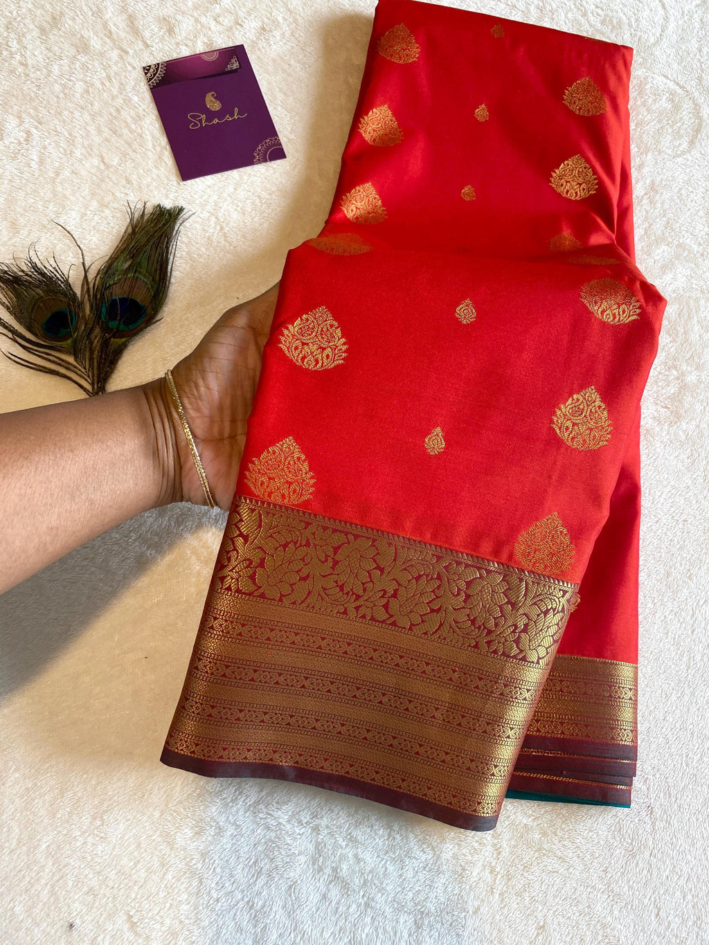 Semi-Kanchipuram Silk Saree – Vibrant Orange with Teal Green Pallu