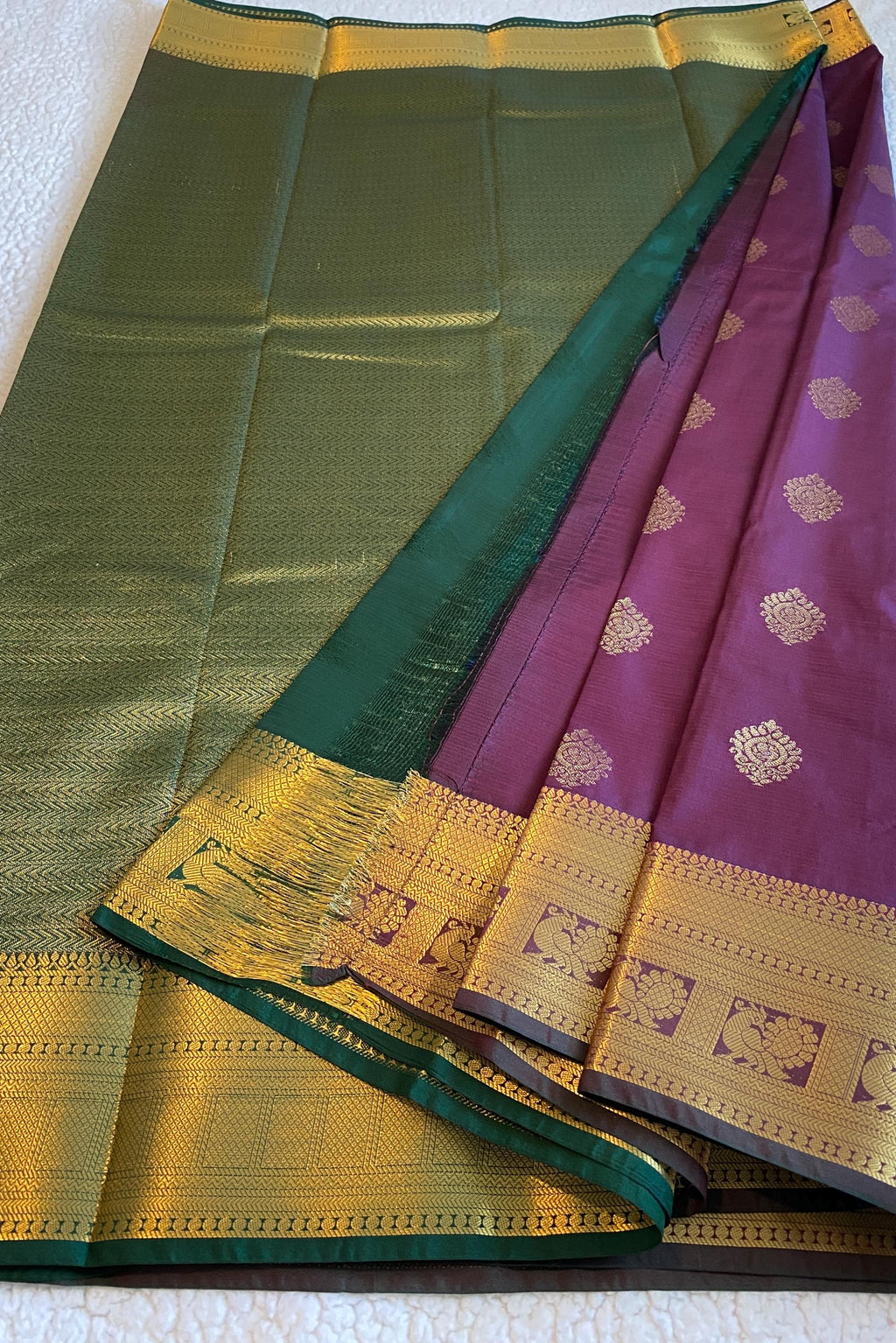 Elegant Wine Shade Semi-Kanchipuram Silk Saree with Bottle Green Pallu