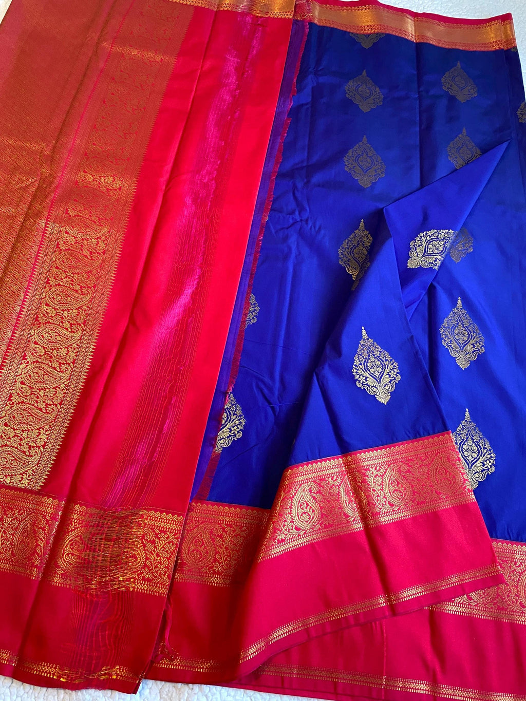 Premium Blue Semi-Kanchipuram Silk Saree with Pinkish Red Pallu