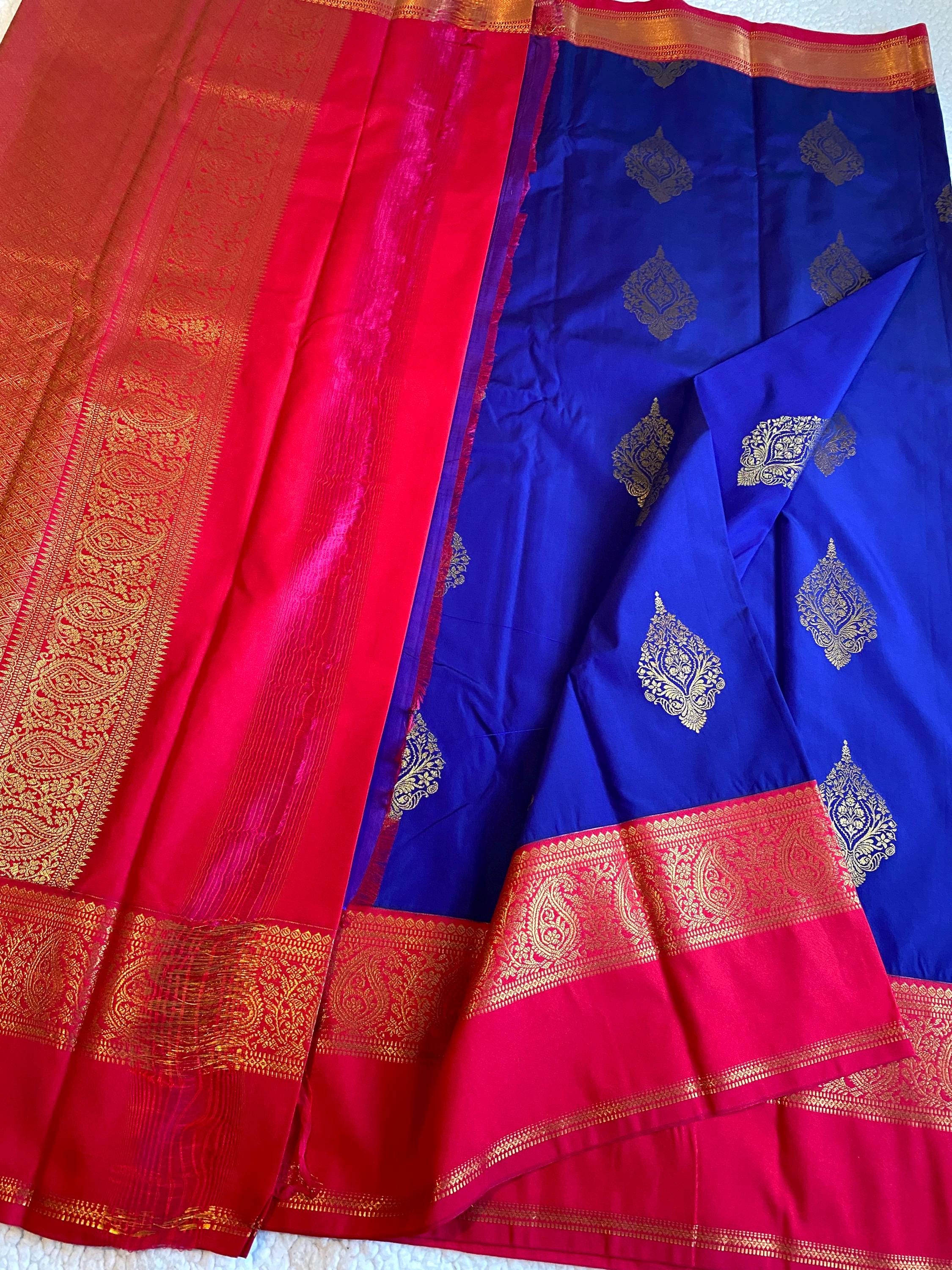 Premium Blue Semi-Kanchipuram Silk Saree with Pinkish Red Pallu