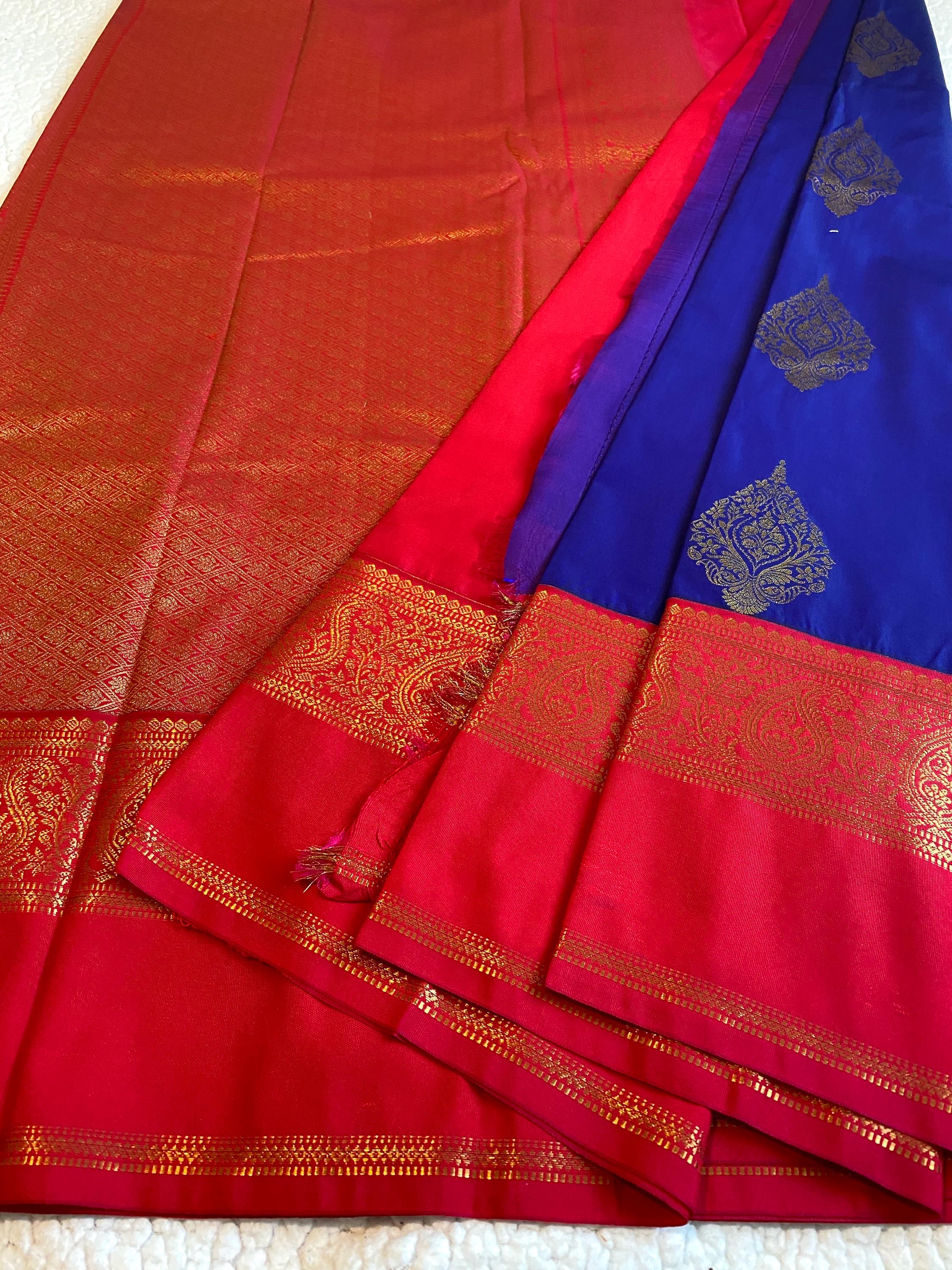 Premium Blue Semi-Kanchipuram Silk Saree with Pinkish Red Pallu