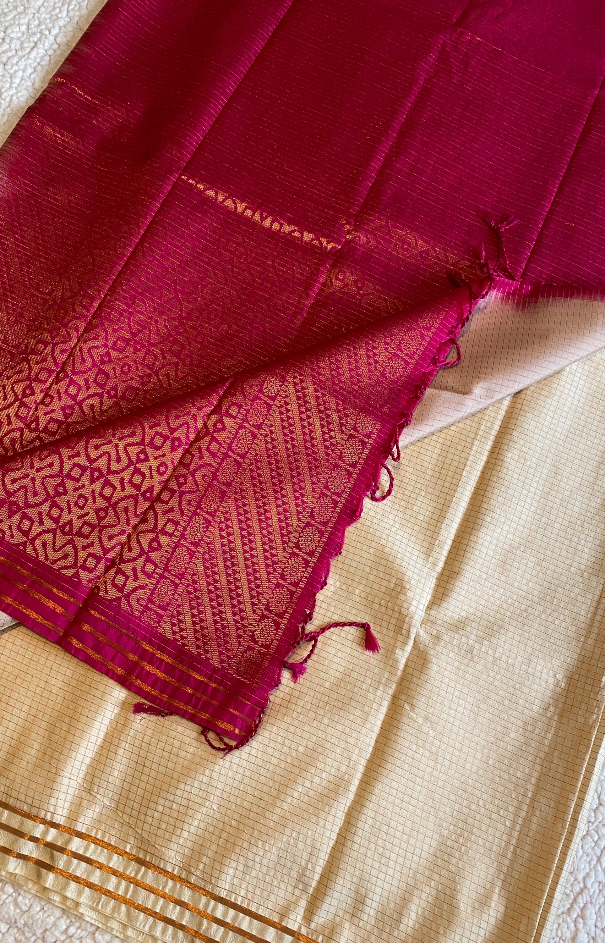 Off-White Semi Kanchipuram Saree with Vibrant Pink Pallu