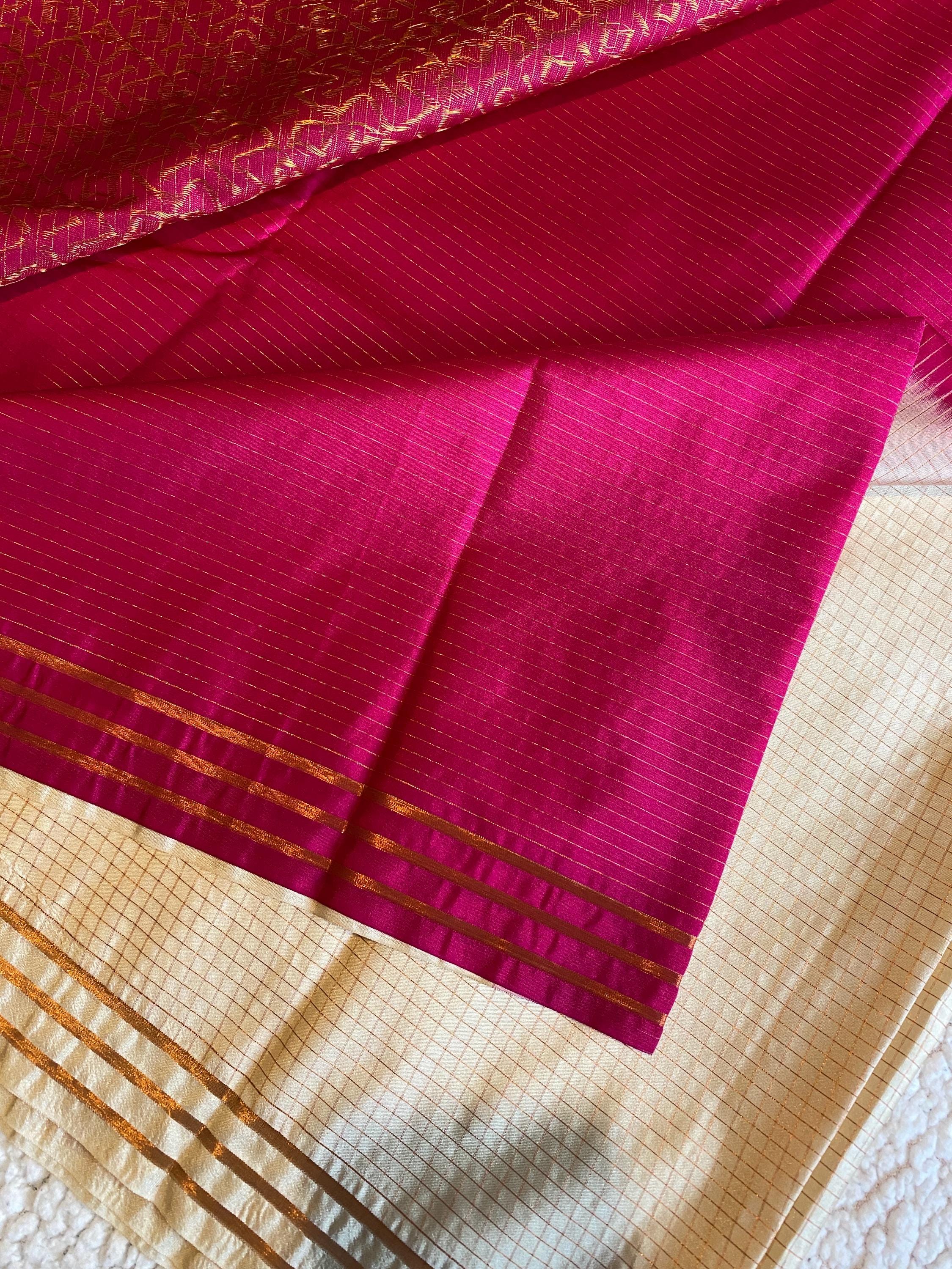 Off-White Semi Kanchipuram Saree with Vibrant Pink Pallu