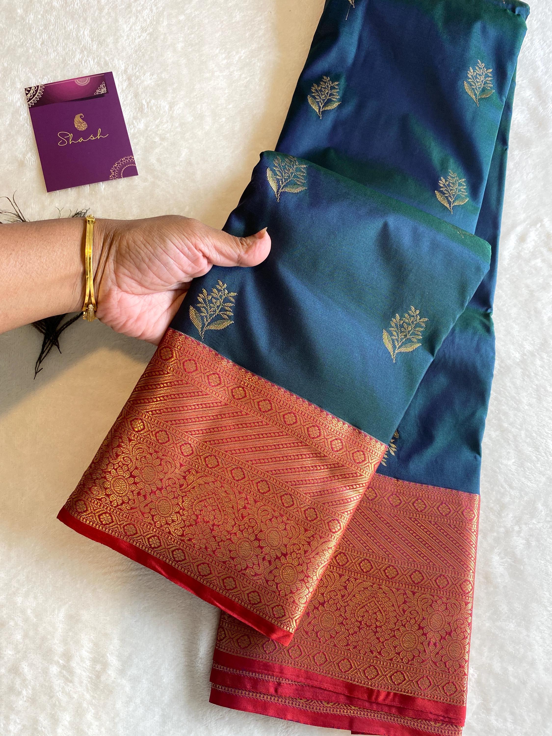 Premium Semi Kanchipuram Silk Saree | Dual Tone Peacock Green & blue Saree