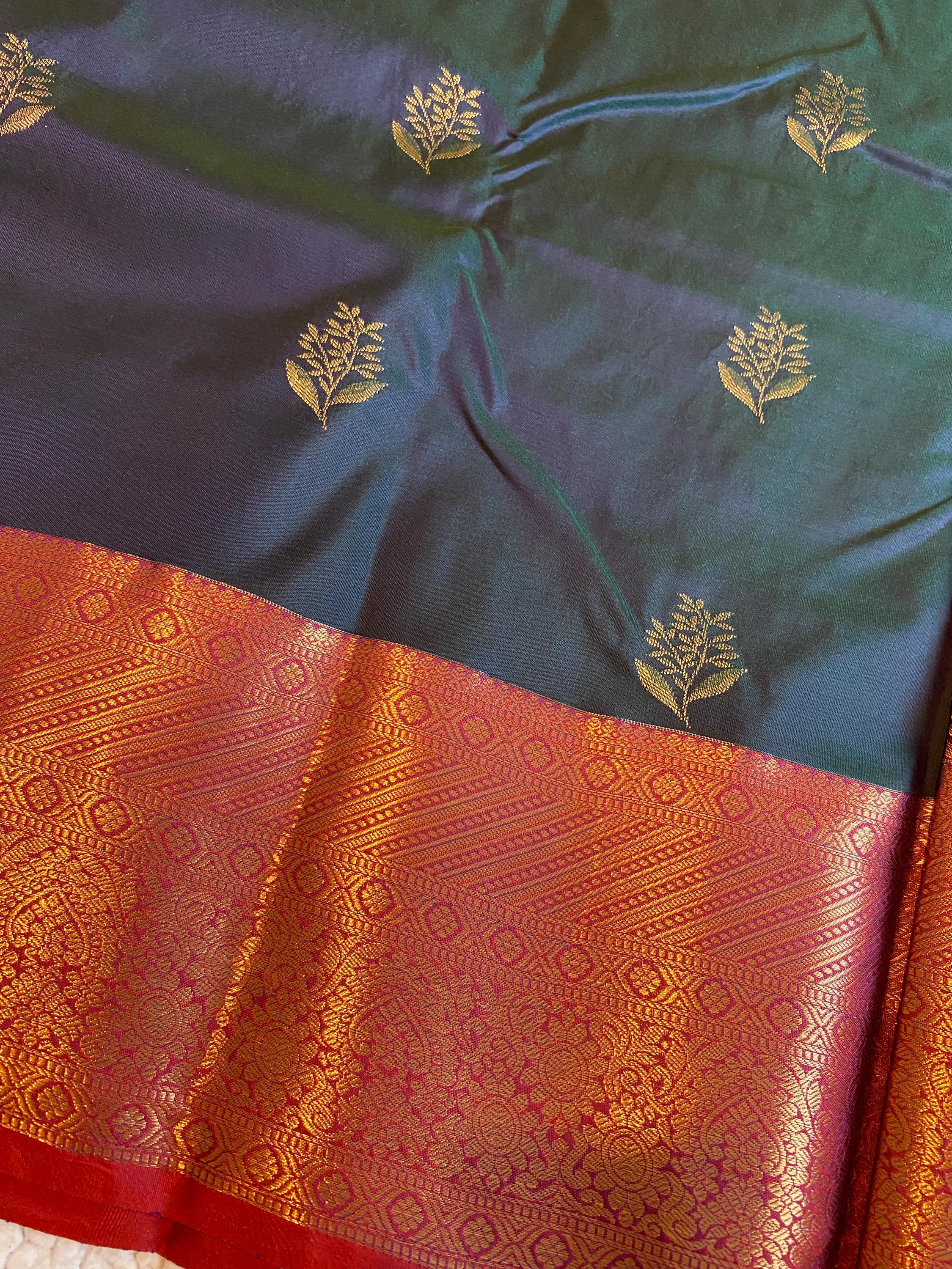 Premium Semi Kanchipuram Silk Saree | Dual Tone Peacock Green & blue Saree