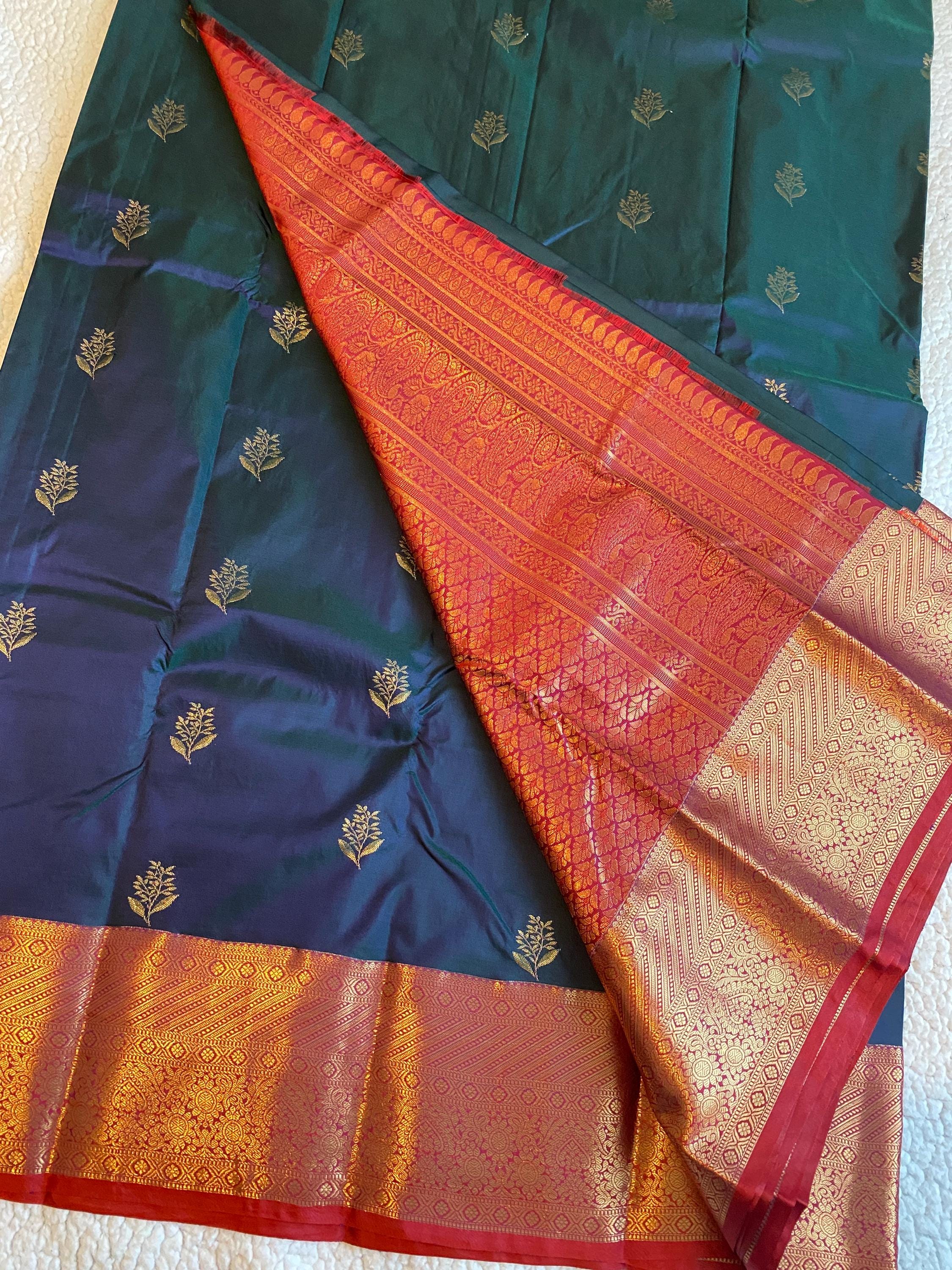 Premium Semi Kanchipuram Silk Saree | Dual Tone Peacock Green & blue Saree
