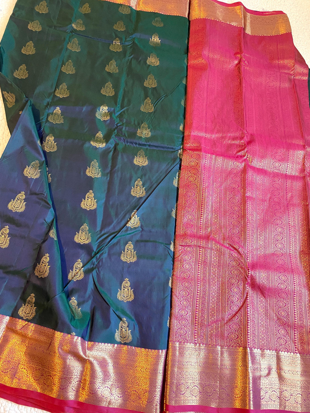 Premium Semi Kanchipuram Silk Saree | Dual Tone Peacock Green & blue Saree