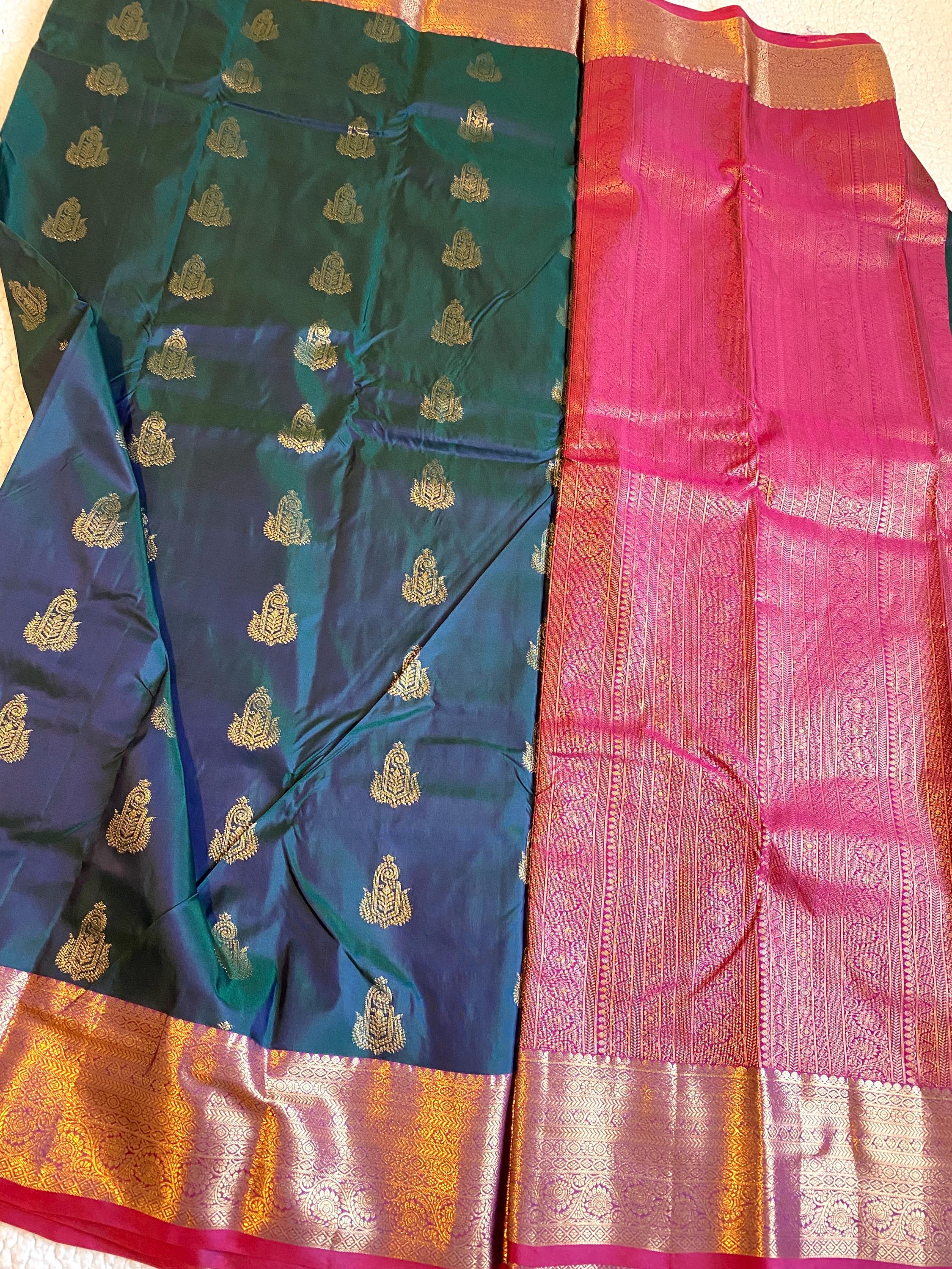 Premium Semi Kanchipuram Silk Saree | Dual Tone Peacock Green & blue Saree