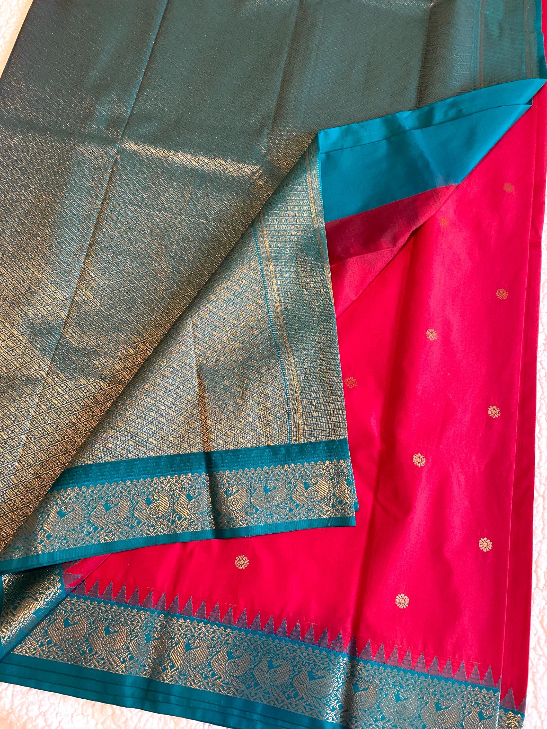 Pinkish-Red Semi Kanchipuram Silk Saree with Green Pallu