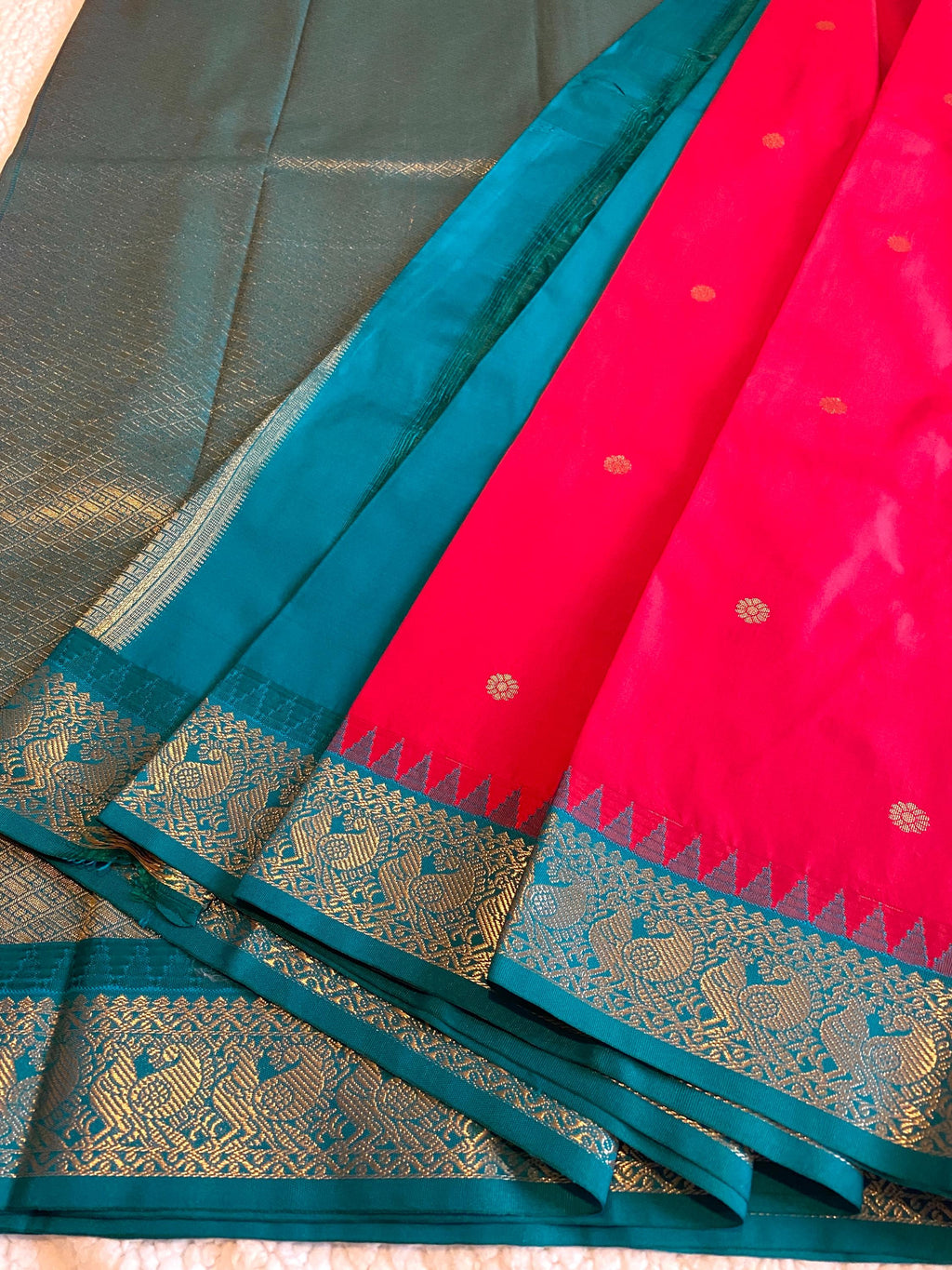 Pinkish-Red Semi Kanchipuram Silk Saree with Green Pallu