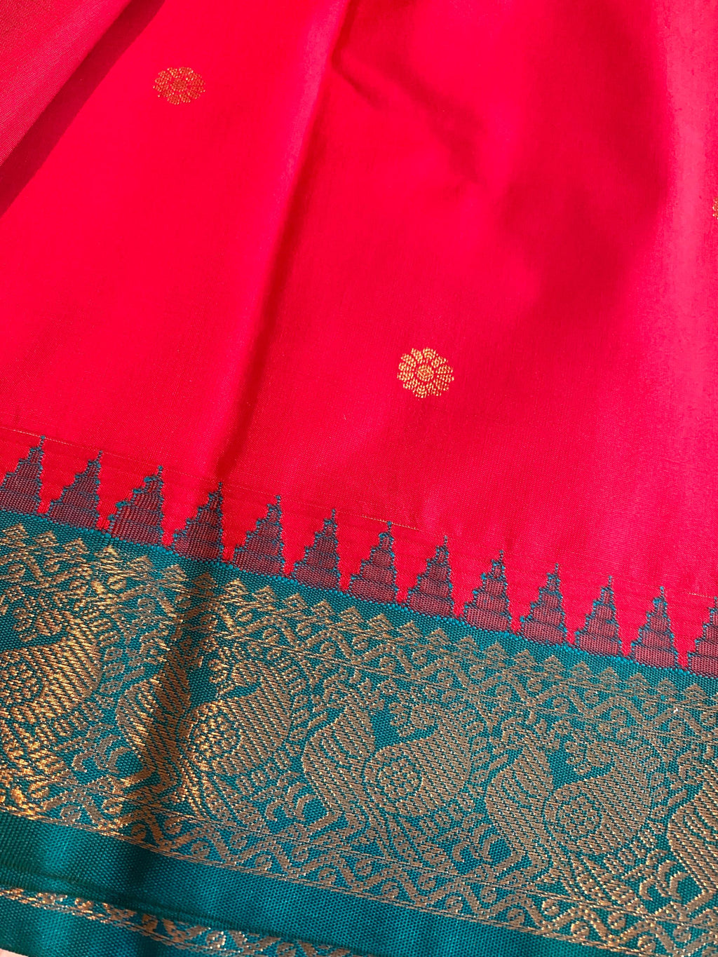 Pinkish-Red Semi Kanchipuram Silk Saree with Green Pallu