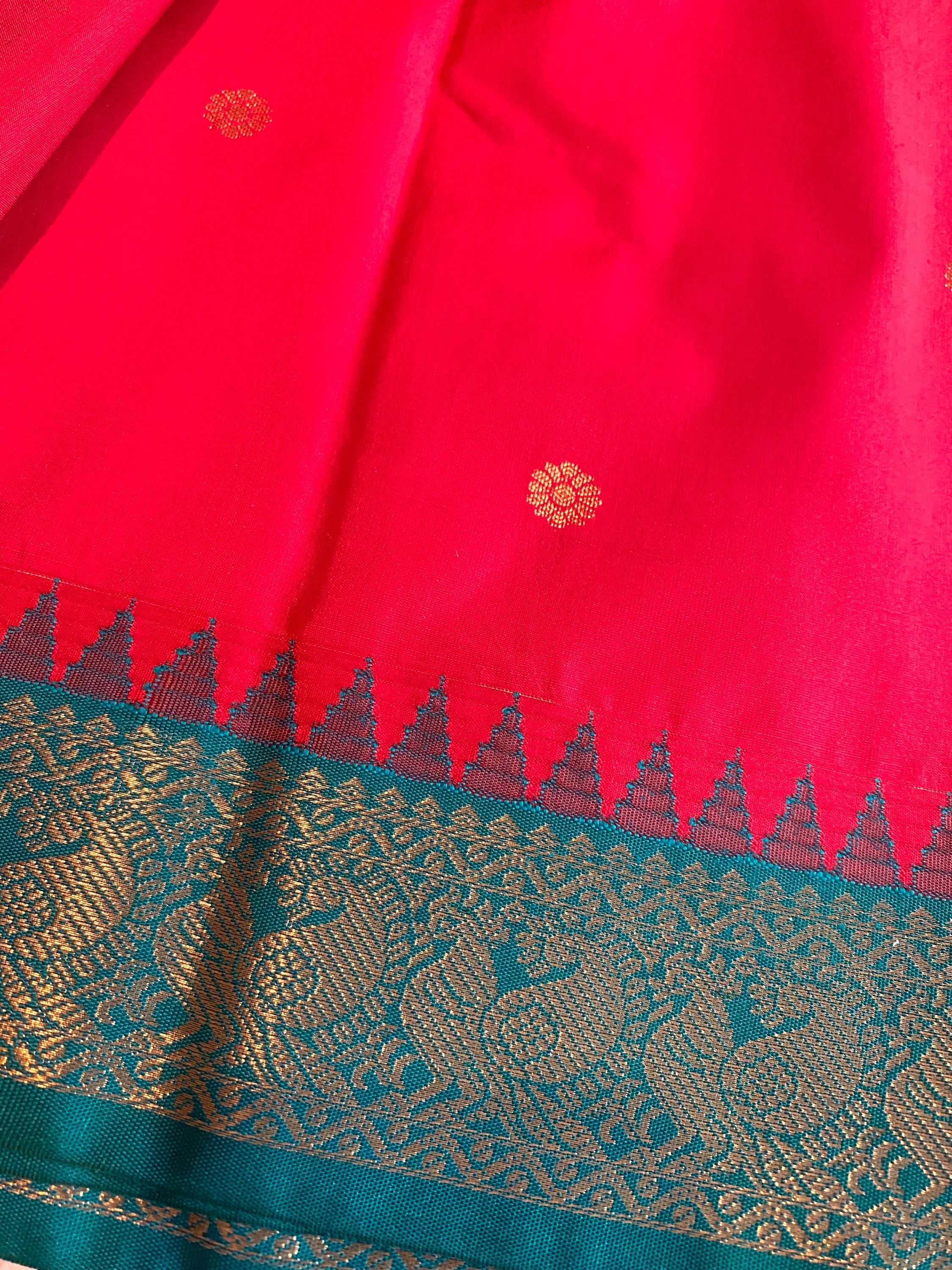 Pinkish-Red Semi Kanchipuram Silk Saree with Green Pallu