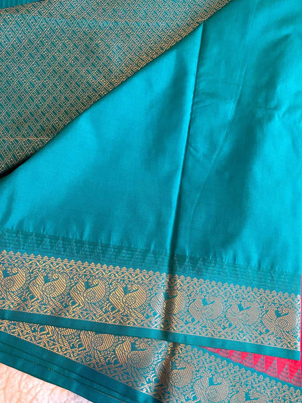 Pinkish-Red Semi Kanchipuram Silk Saree with Green Pallu