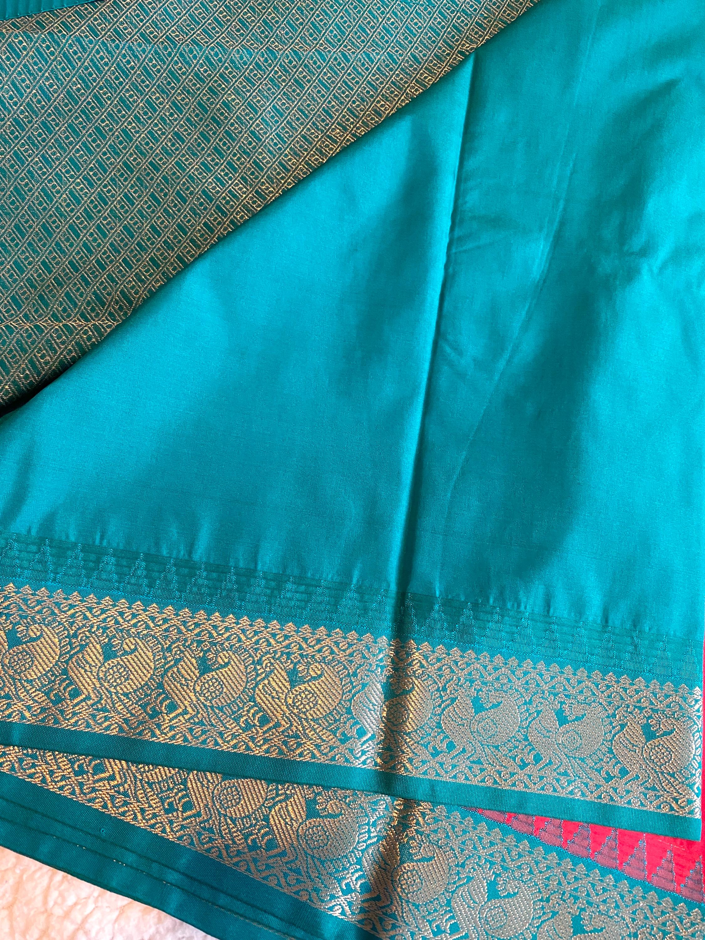 Pinkish-Red Semi Kanchipuram Silk Saree with Green Pallu