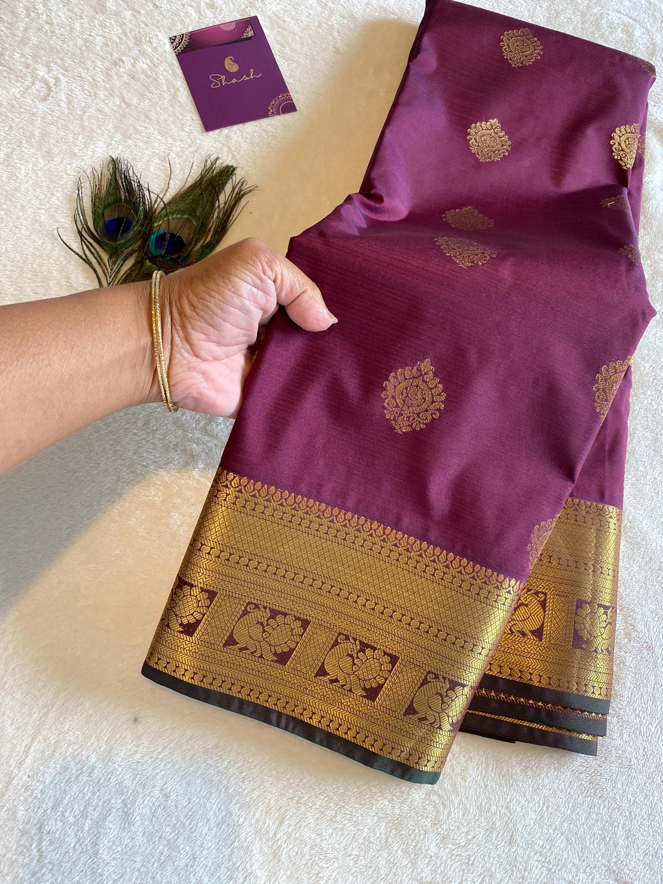 Elegant Wine Shade Semi-Kanchipuram Silk Saree with Bottle Green Pallu