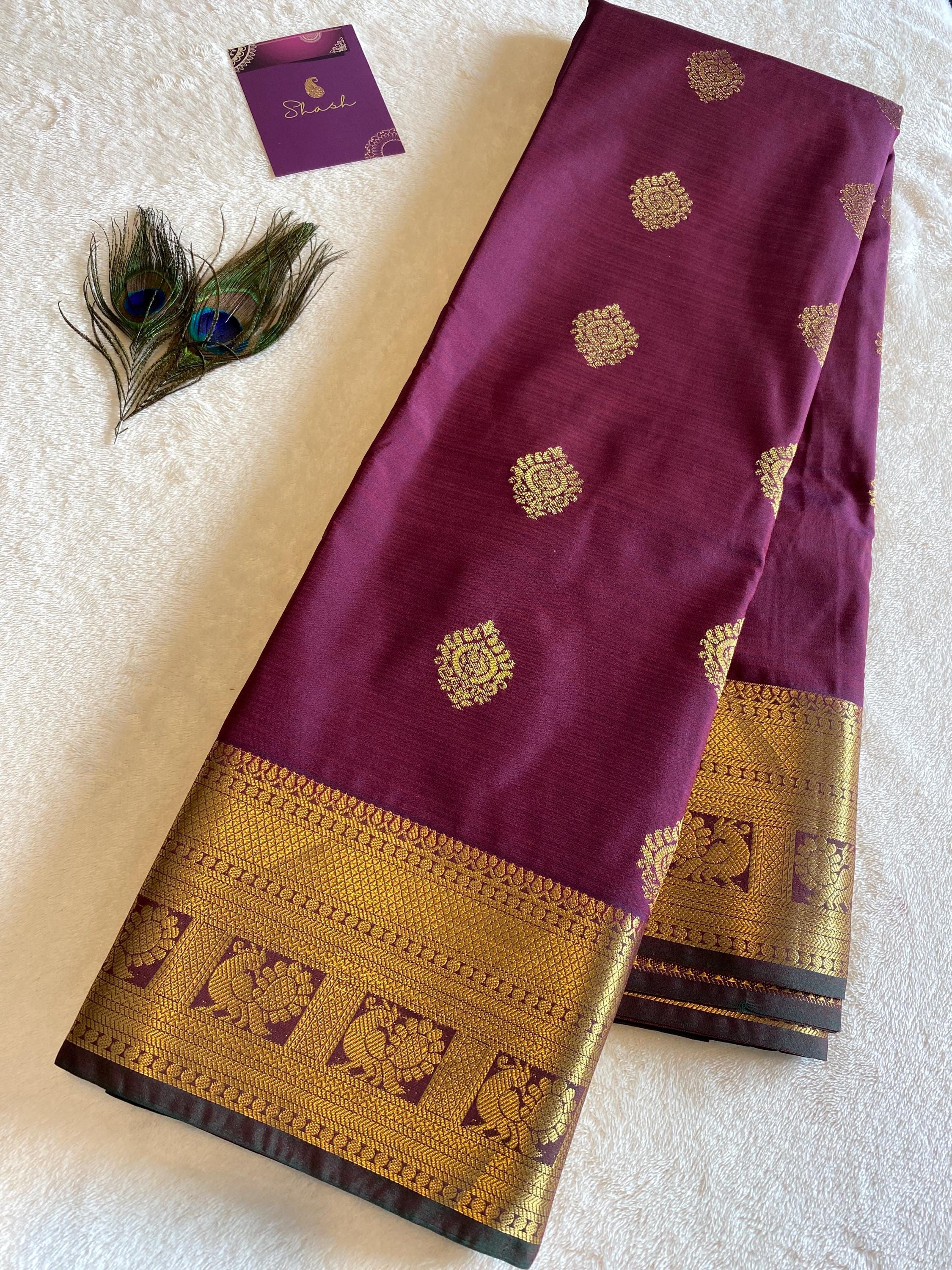 Elegant Wine Shade Semi-Kanchipuram Silk Saree with Bottle Green Pallu