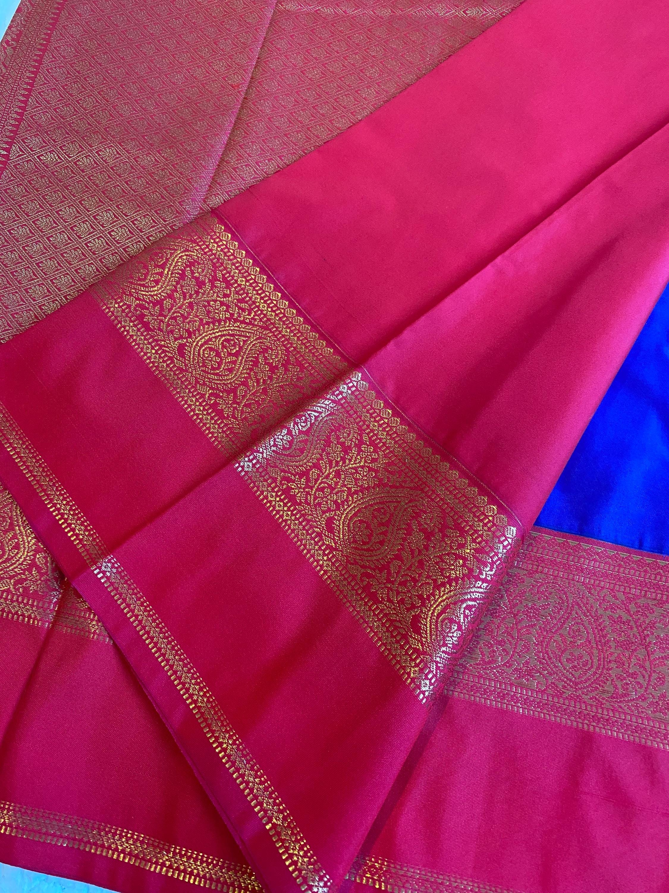 Premium Blue Semi-Kanchipuram Silk Saree with Pinkish Red Pallu