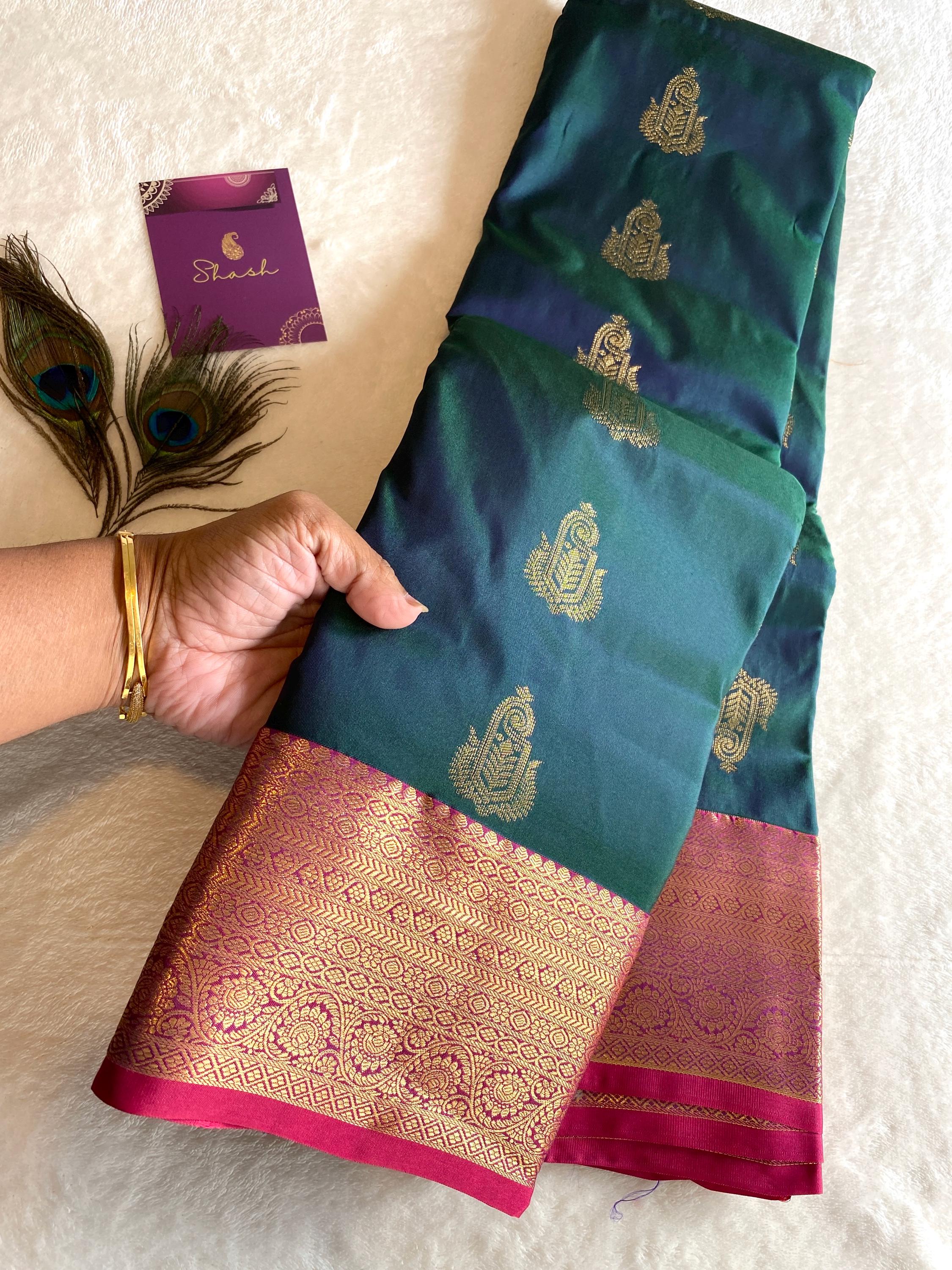Premium Semi Kanchipuram Silk Saree | Dual Tone Peacock Green & blue Saree