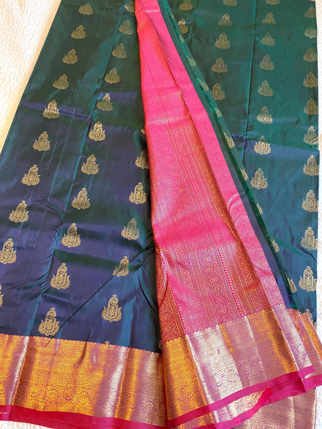 Premium Semi Kanchipuram Silk Saree | Dual Tone Peacock Green & blue Saree