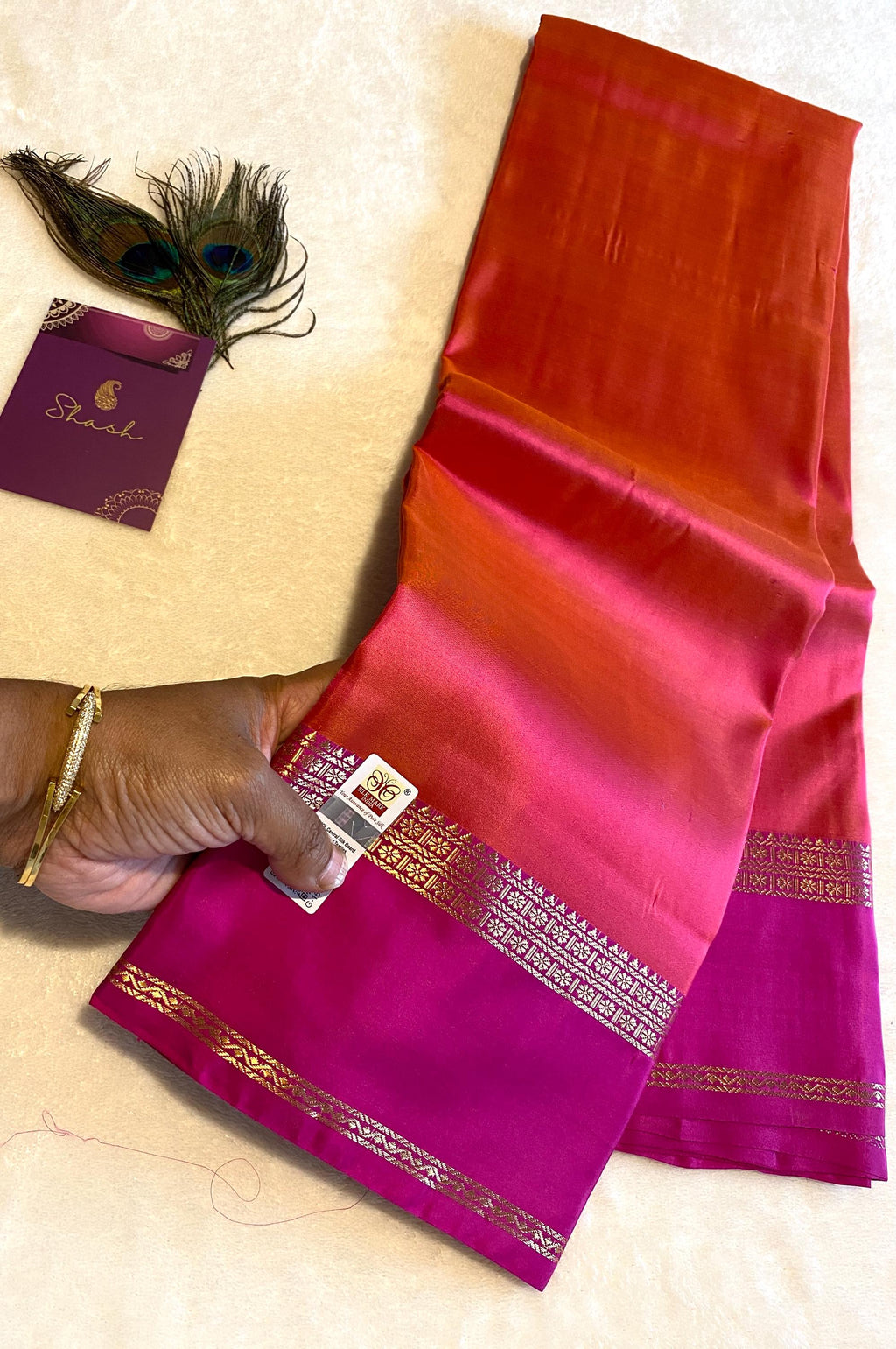 Pure Kanchipuram Silk Saree  | Dual Tone Orange and Pink with Magenta Border