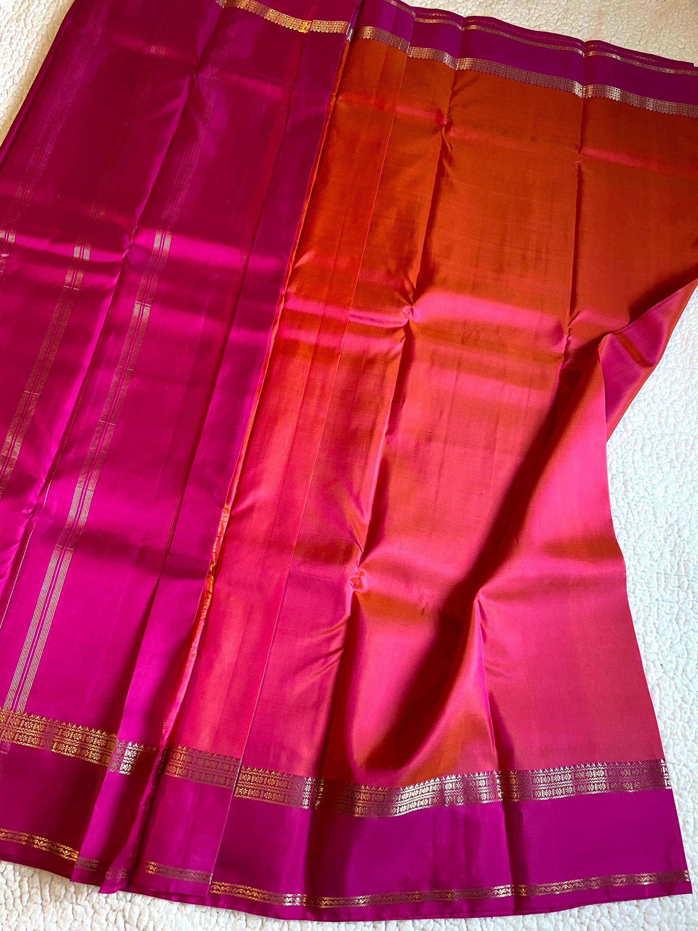 Pure Kanchipuram Silk Saree  | Dual Tone Orange and Pink with Magenta Border
