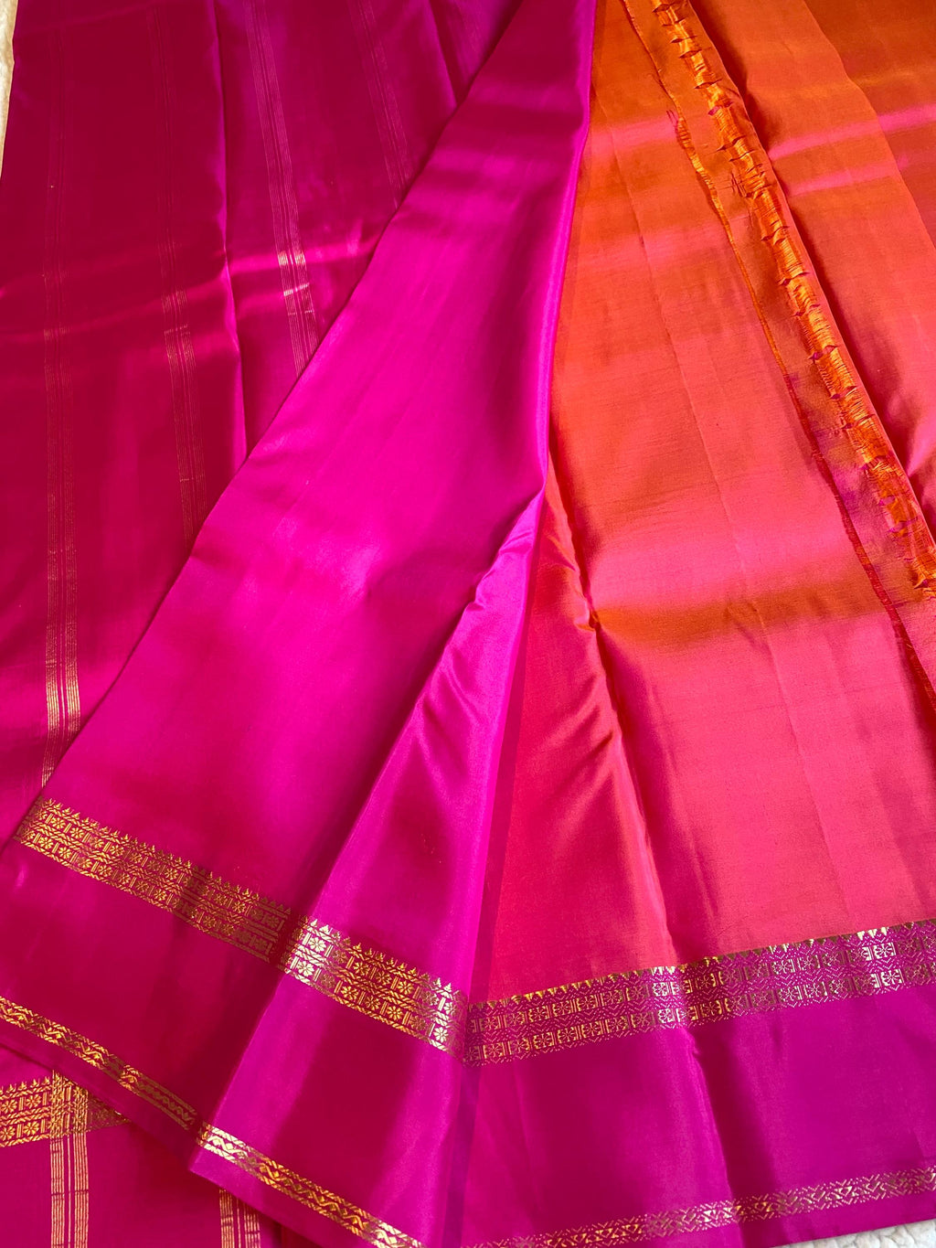 Pure Kanchipuram Silk Saree  | Dual Tone Orange and Pink with Magenta Border