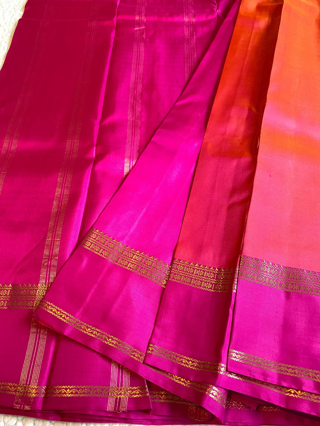 Pure Kanchipuram Silk Saree  | Dual Tone Orange and Pink with Magenta Border