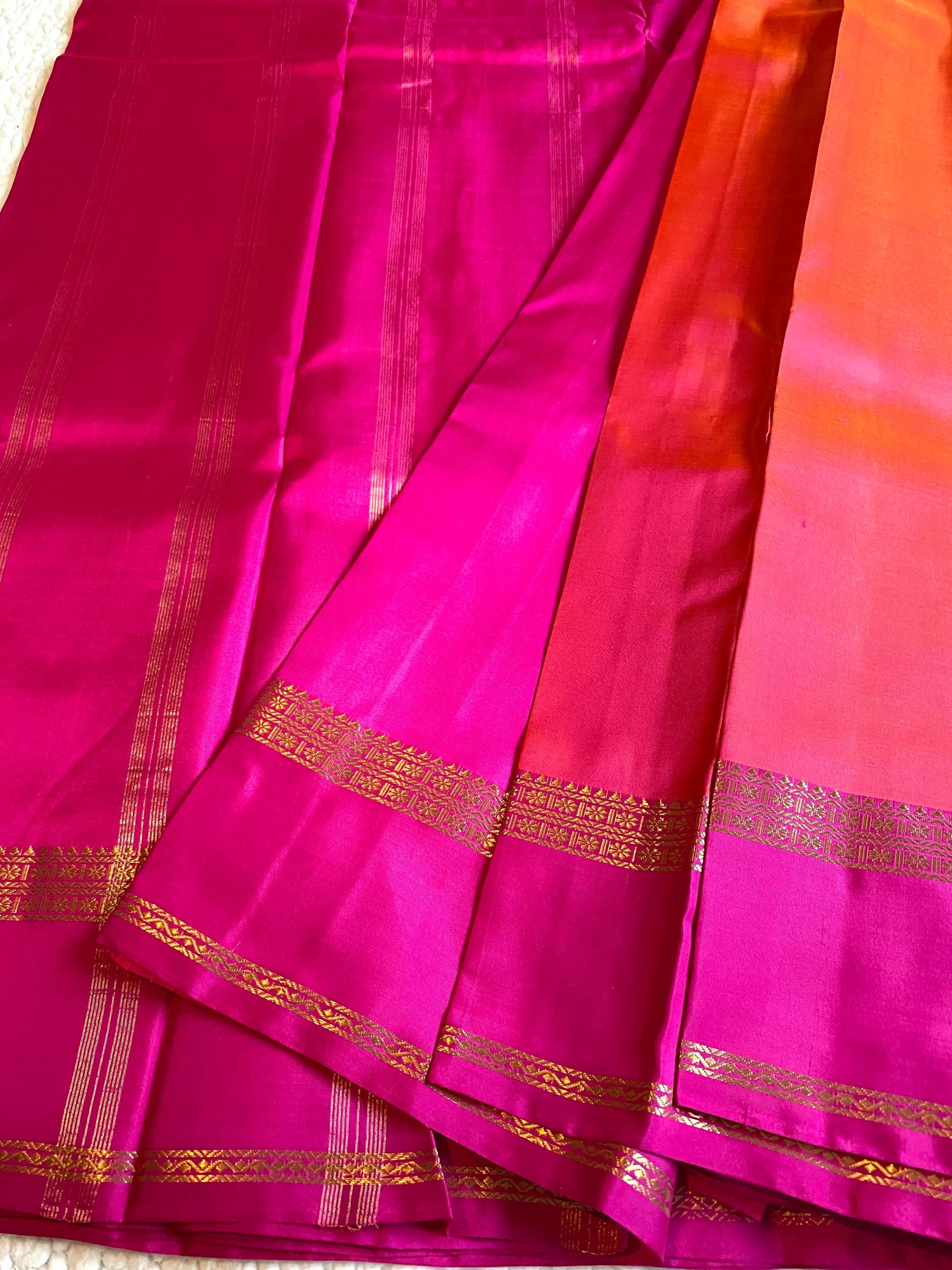 Pure Kanchipuram Silk Saree  | Dual Tone Orange and Pink with Magenta Border