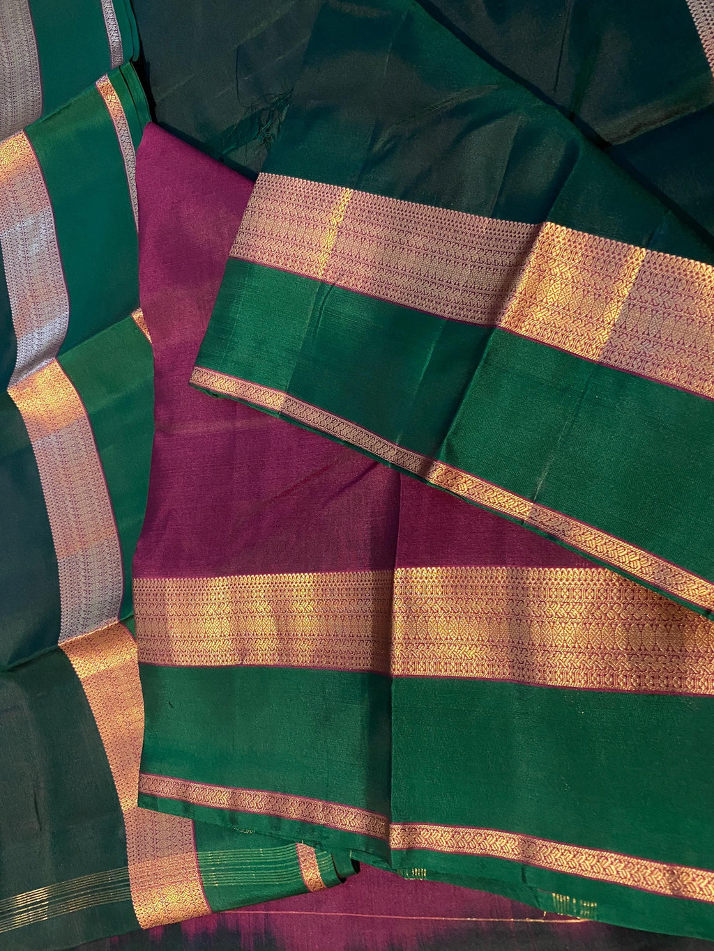 Pure Kanchipuram Silk Saree  | Royal Green and Wine Tone