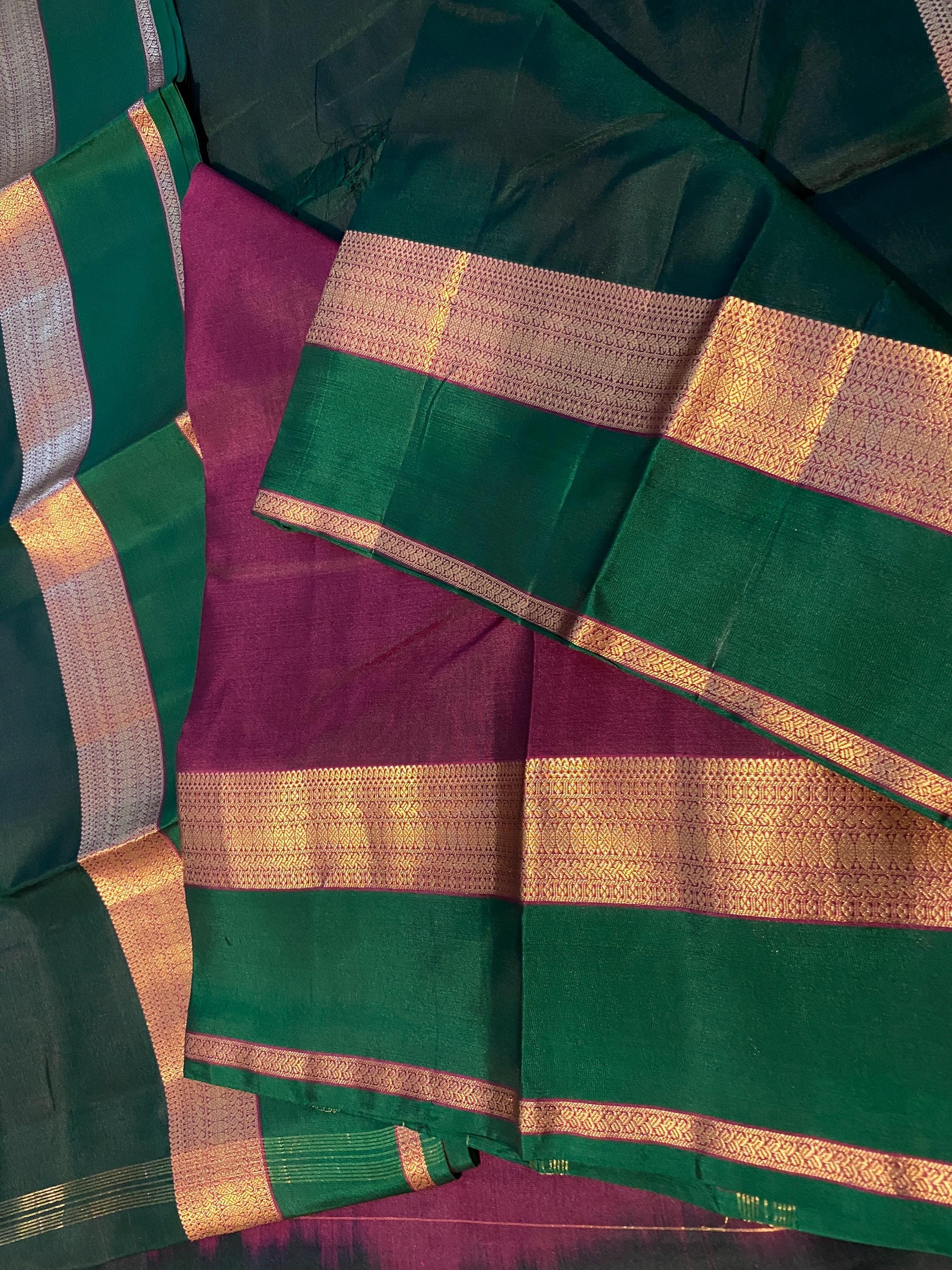 Pure Kanchipuram Silk Saree  | Royal Green and Wine Tone