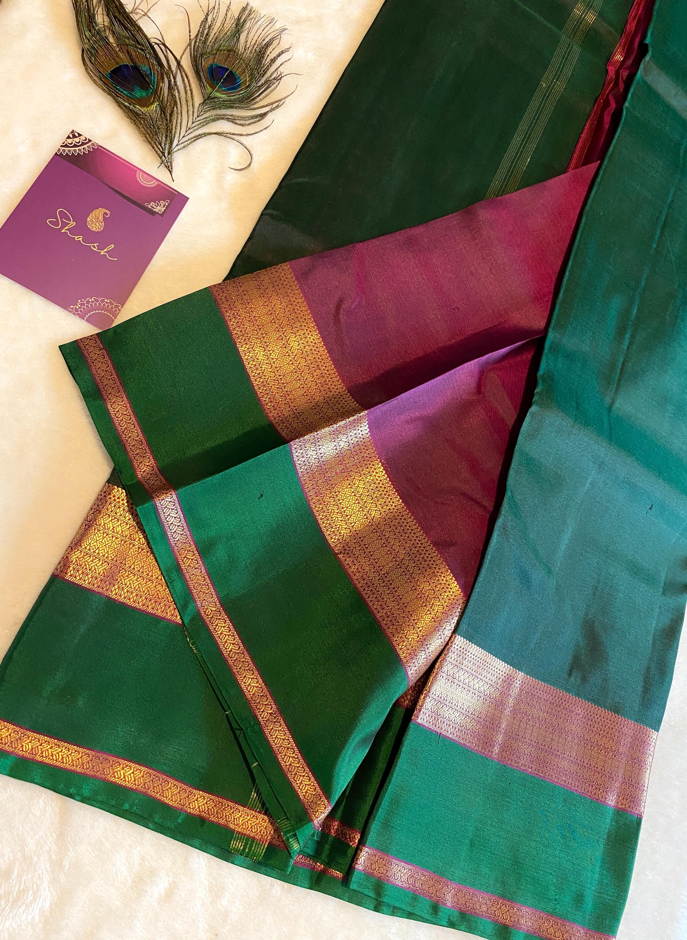 Pure Kanchipuram Silk Saree  | Royal Green and Wine Tone