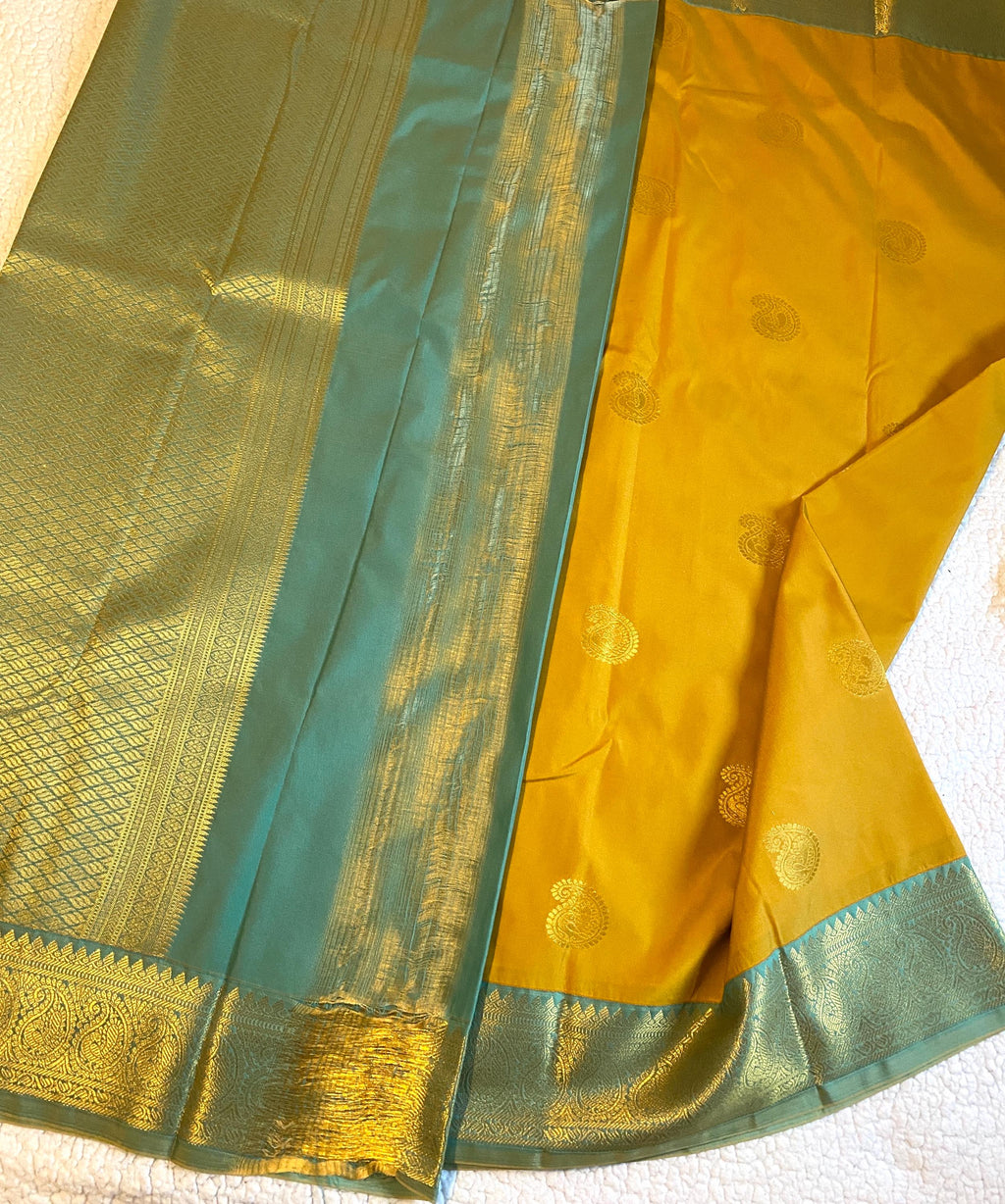 Elegant Semi-Kanchipuram Silk Saree | Mustard Yellow with Teal Blue Pallu & Blouse