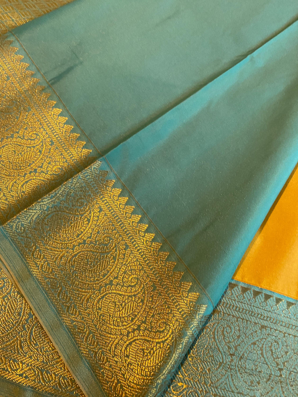 Elegant Semi-Kanchipuram Silk Saree | Mustard Yellow with Teal Blue Pallu & Blouse