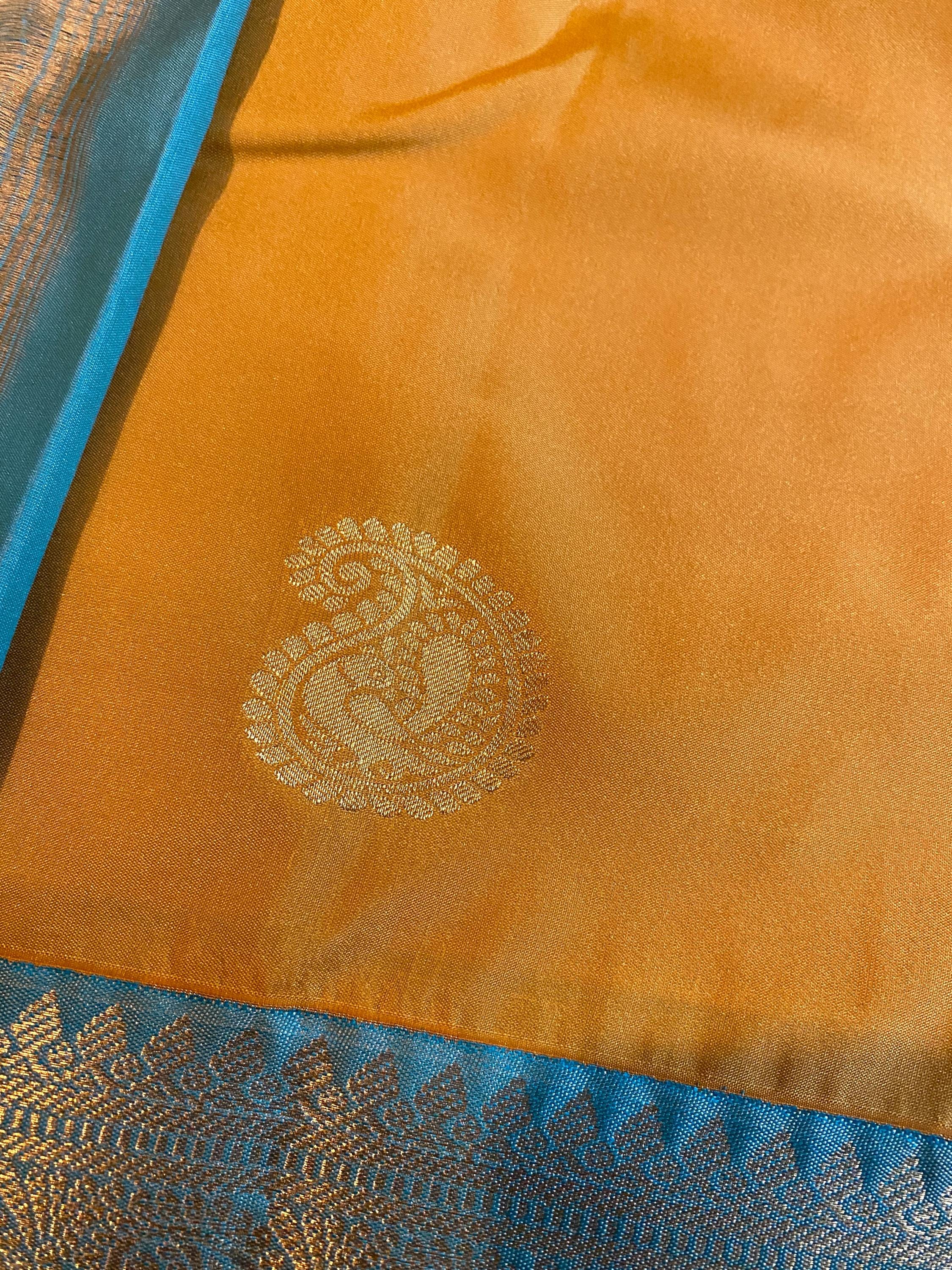 Elegant Semi-Kanchipuram Silk Saree | Mustard Yellow with Teal Blue Pallu & Blouse