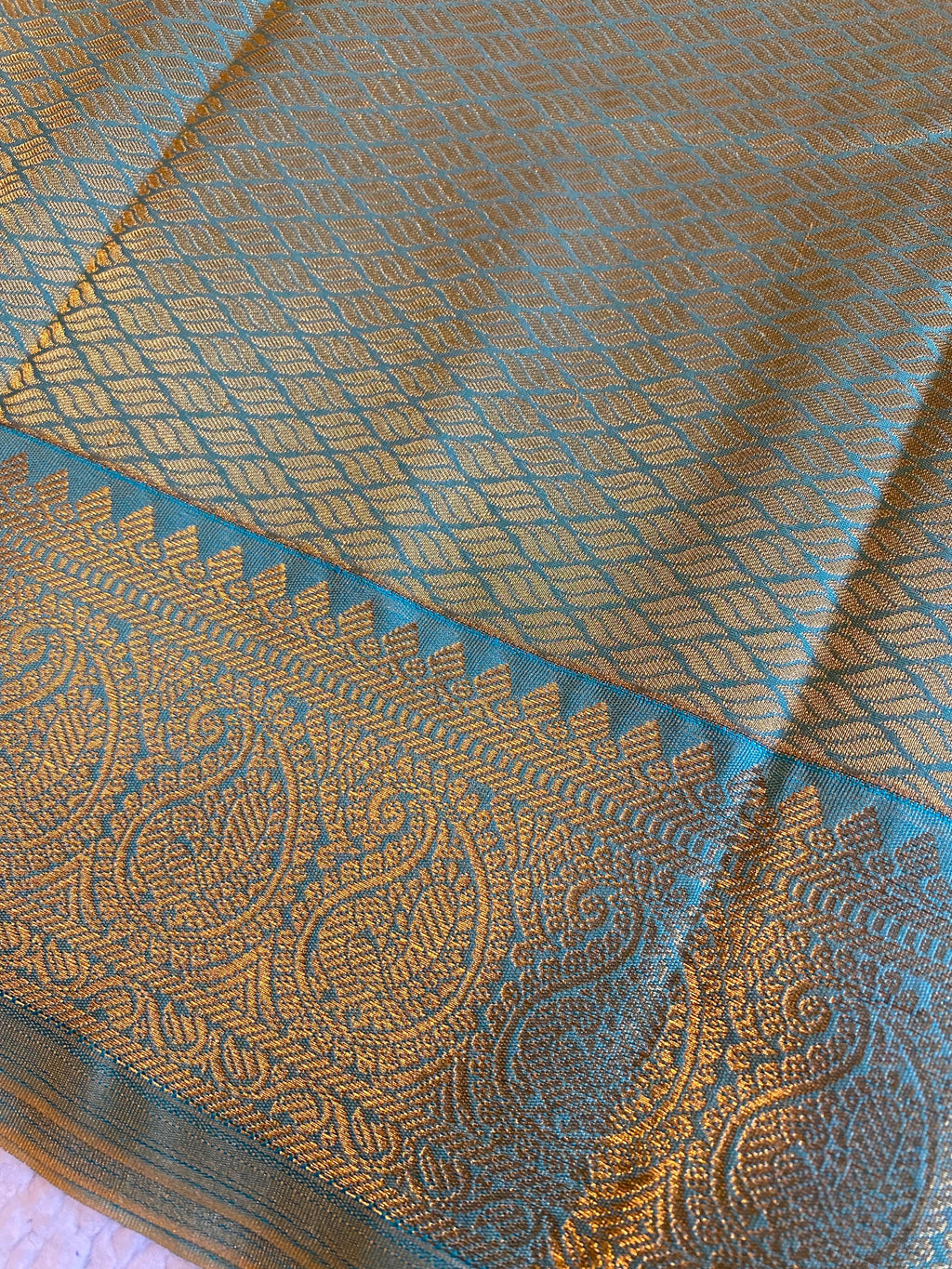 Elegant Semi-Kanchipuram Silk Saree | Mustard Yellow with Teal Blue Pallu & Blouse