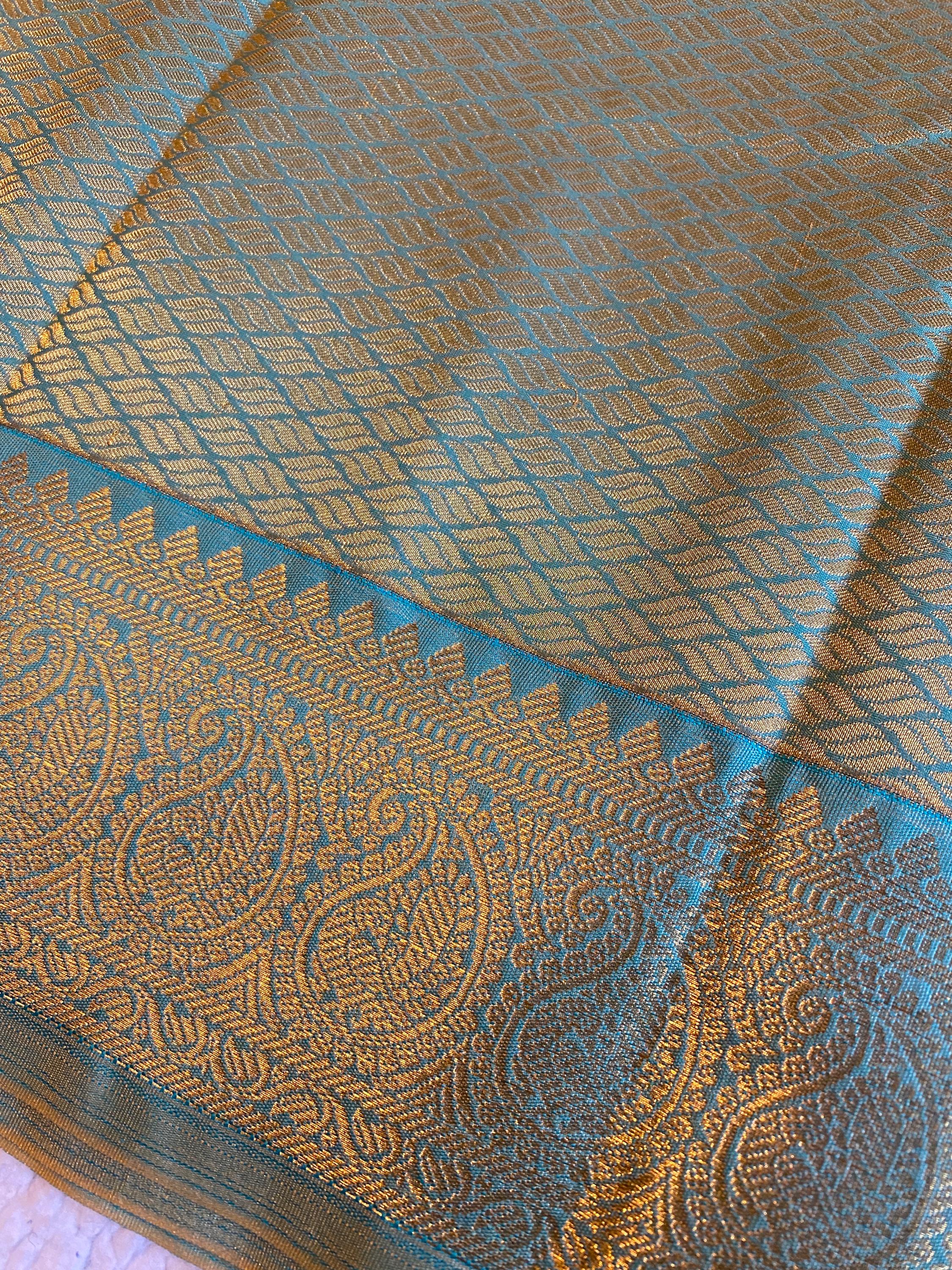 Elegant Semi-Kanchipuram Silk Saree | Mustard Yellow with Teal Blue Pallu & Blouse