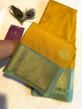 Elegant Semi-Kanchipuram Silk Saree | Mustard Yellow with Teal Blue Pallu & Blouse