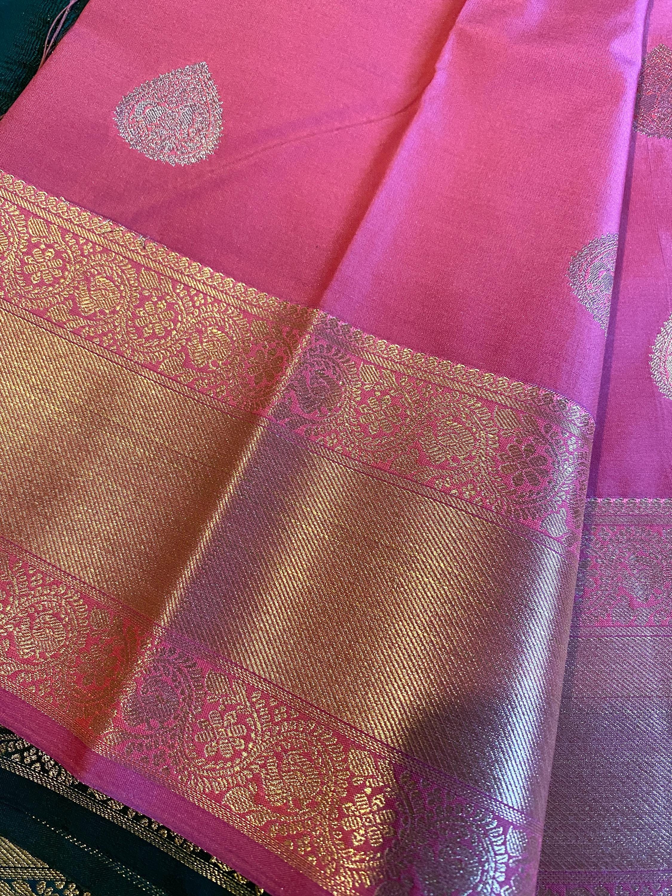 Elegant Semi-Kanchipuram Silk Saree – Soft Pink with Bottle Green Pallu & Border