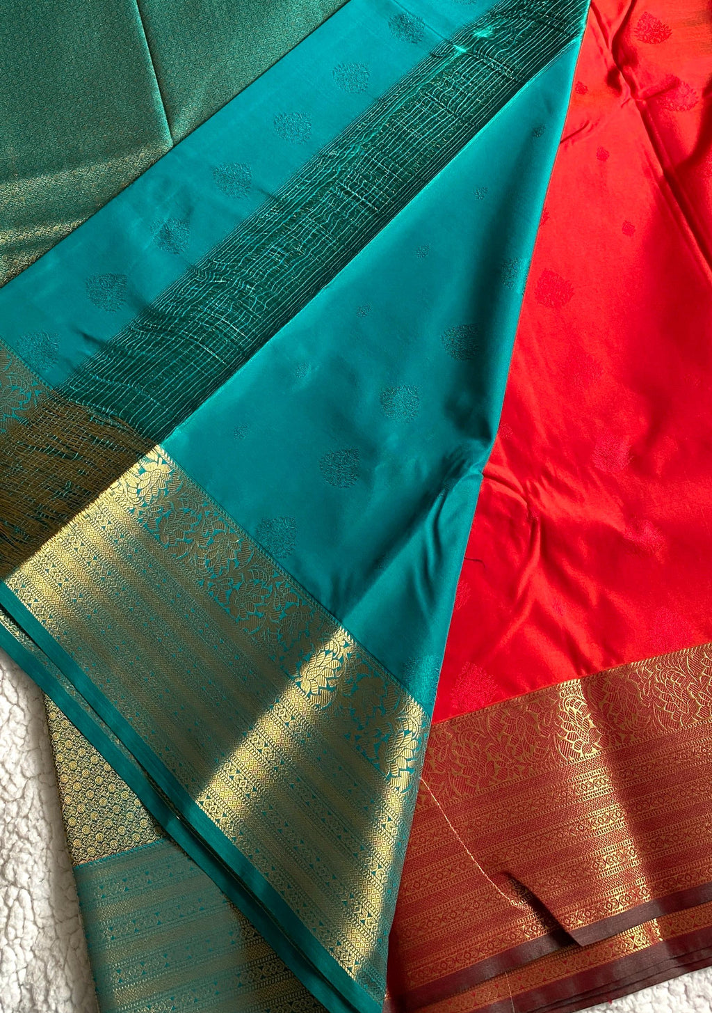 Semi-Kanchipuram Silk Saree – Vibrant Orange with Teal Green Pallu