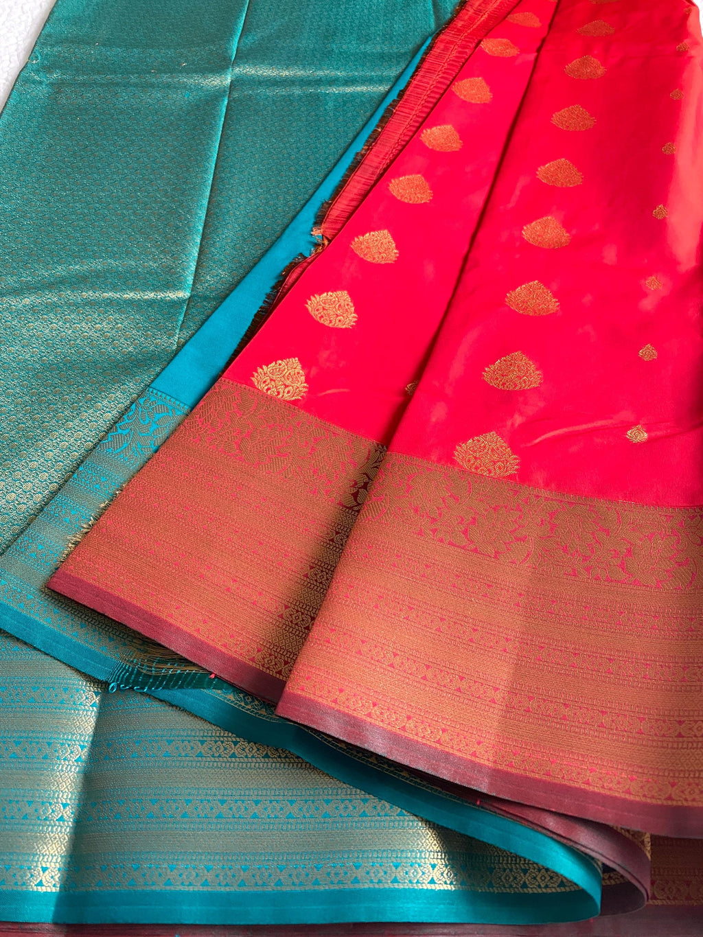 Semi-Kanchipuram Silk Saree – Vibrant Orange with Teal Green Pallu