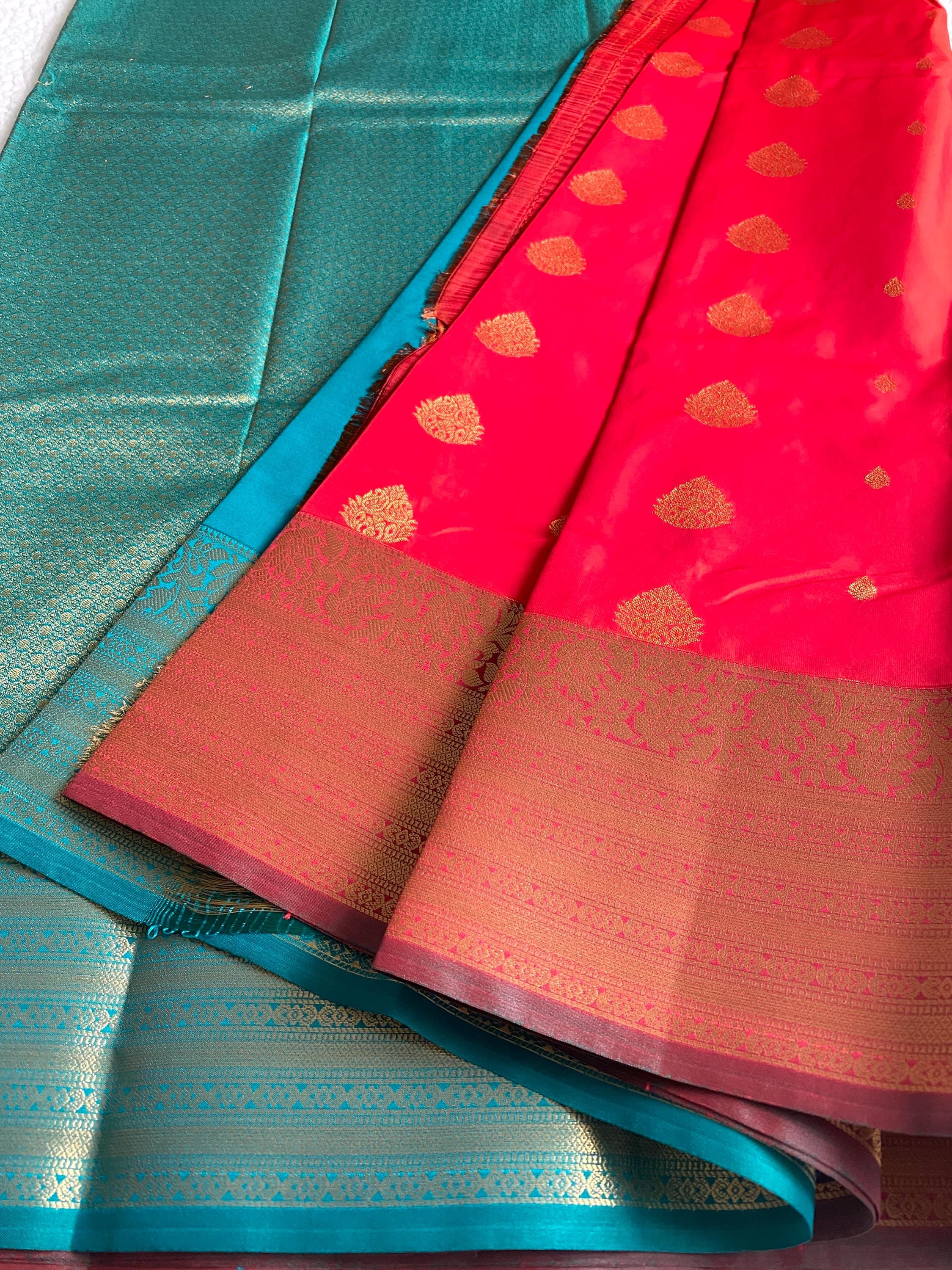 Semi-Kanchipuram Silk Saree – Vibrant Orange with Teal Green Pallu