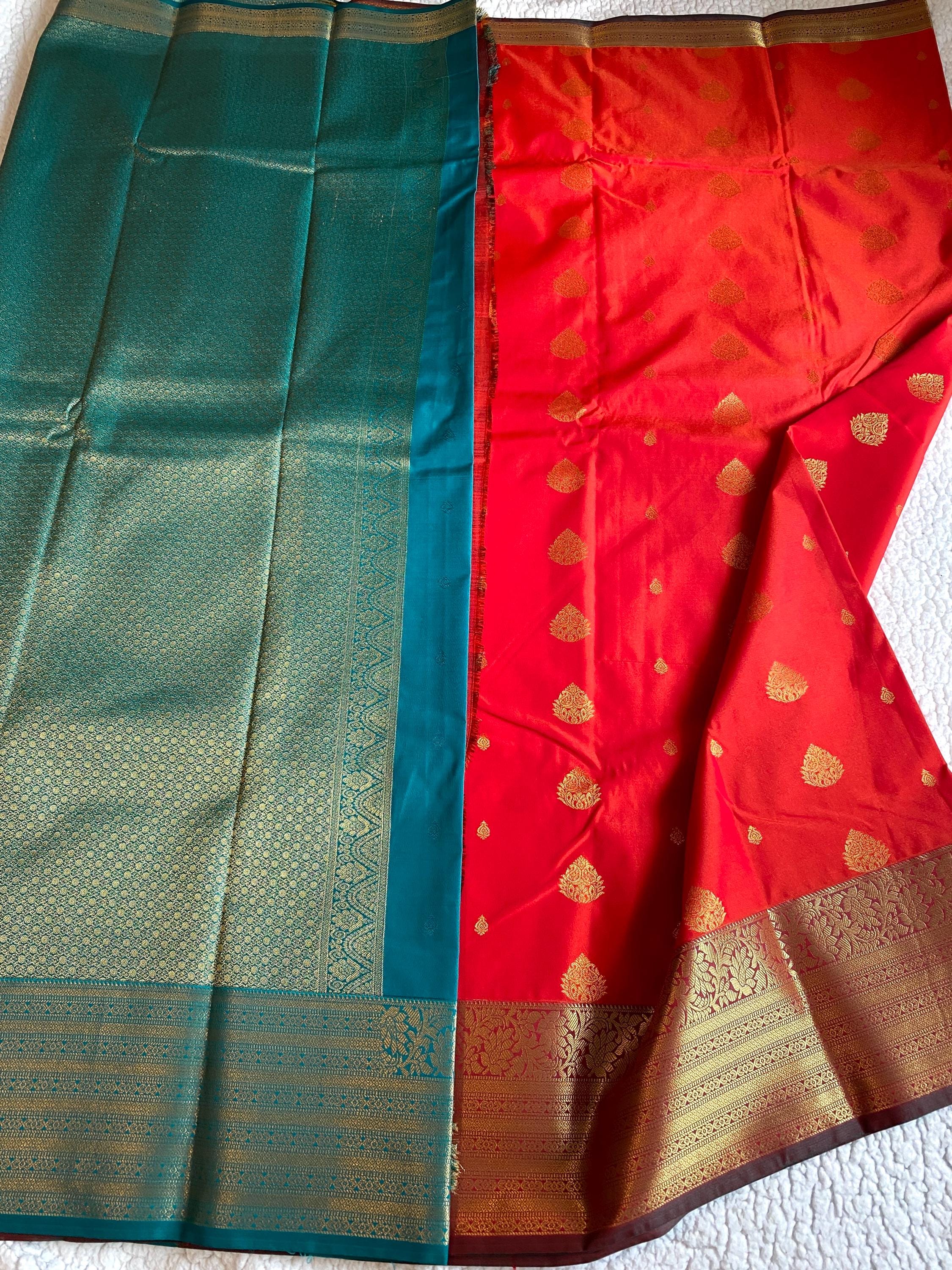 Semi-Kanchipuram Silk Saree – Vibrant Orange with Teal Green Pallu